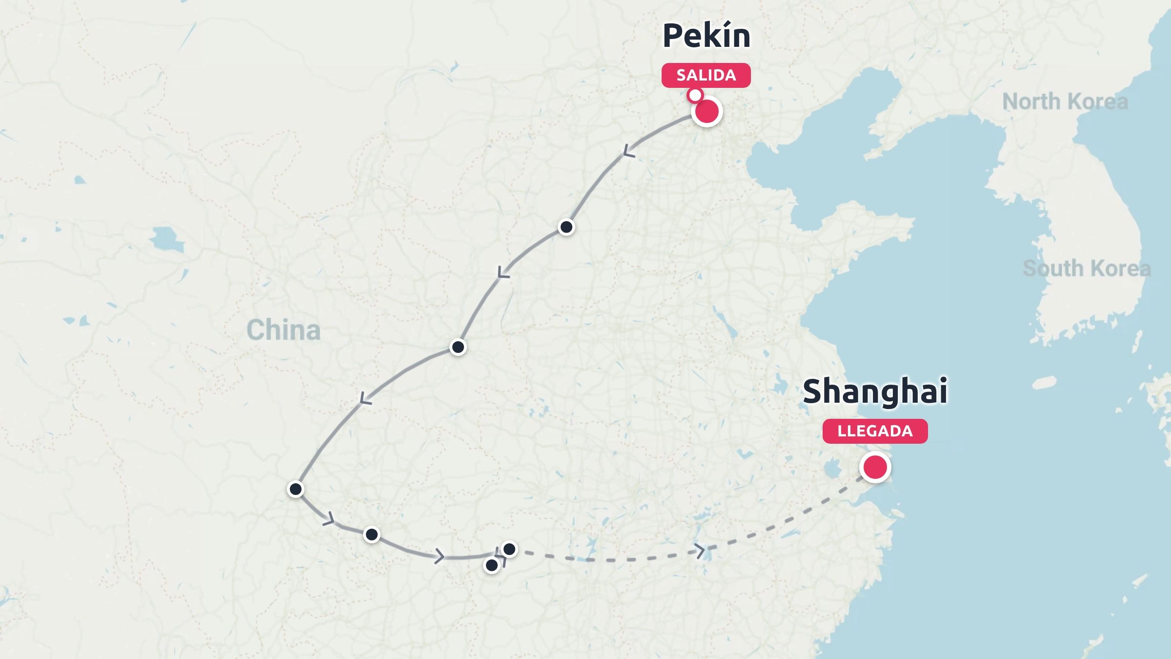 Un mapa de itinerario de viaje por China que muestra una ruta que comienza en Pekín y termina en Shanghái con múltiples paradas.