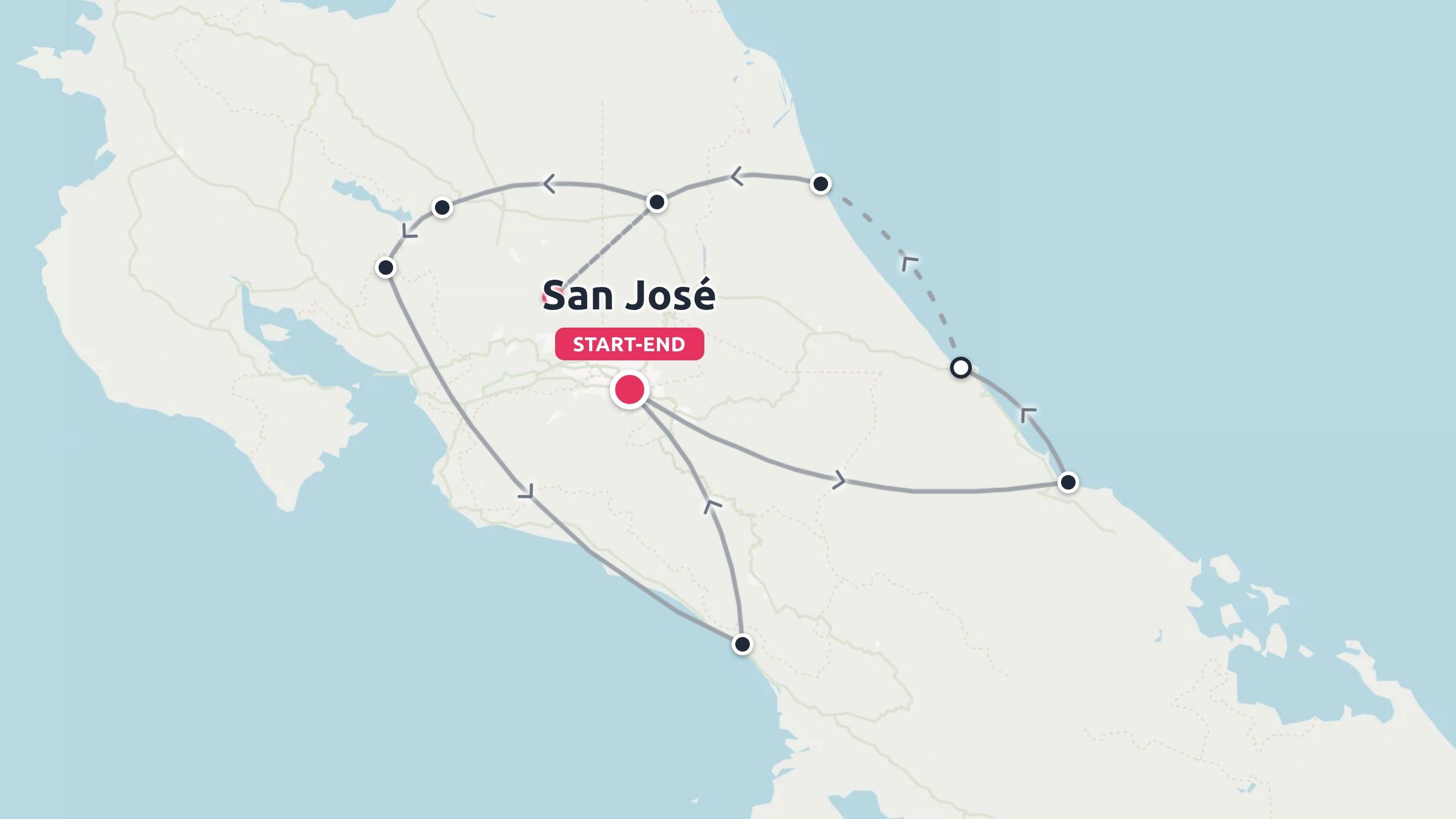Travel route map showing a looped itinerary across Costa Rica starting and ending in San José.