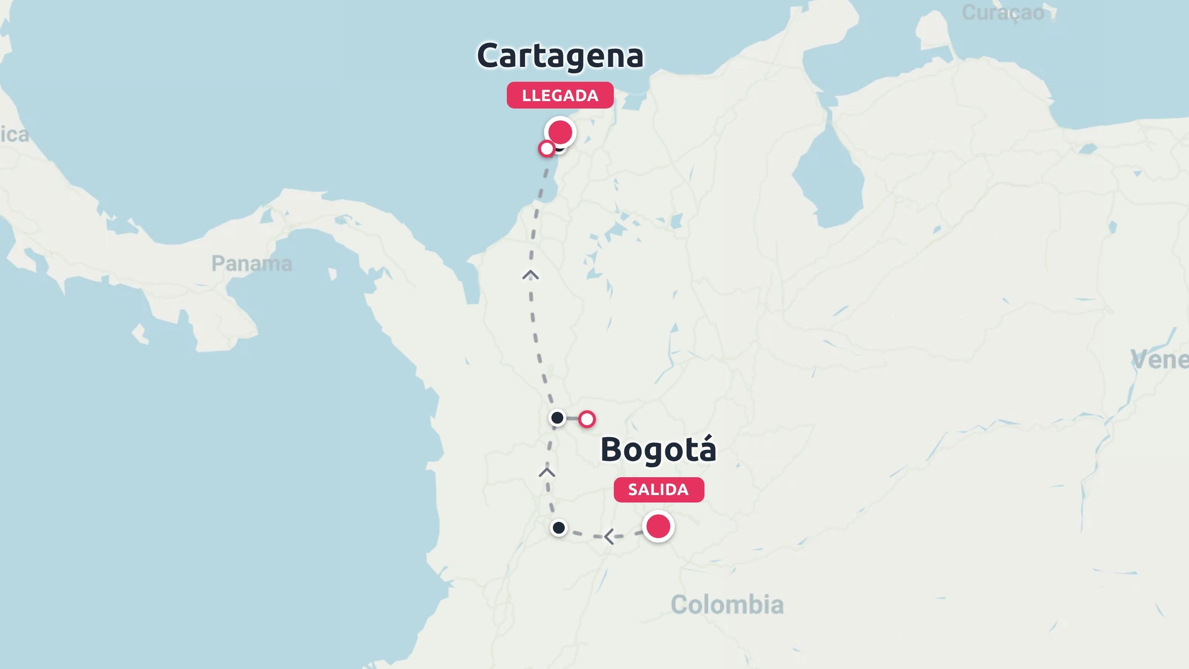 Mapa de la ruta de viaje de Colombia que muestra un itinerario de puntos que empieza en Bogotá y termina en Cartagena.