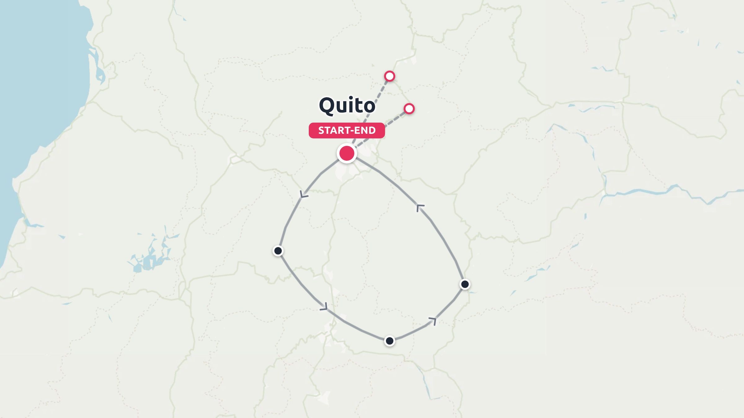 Travel map showing a circular route starting and ending in Quito, with multiple stops marked along the loop.