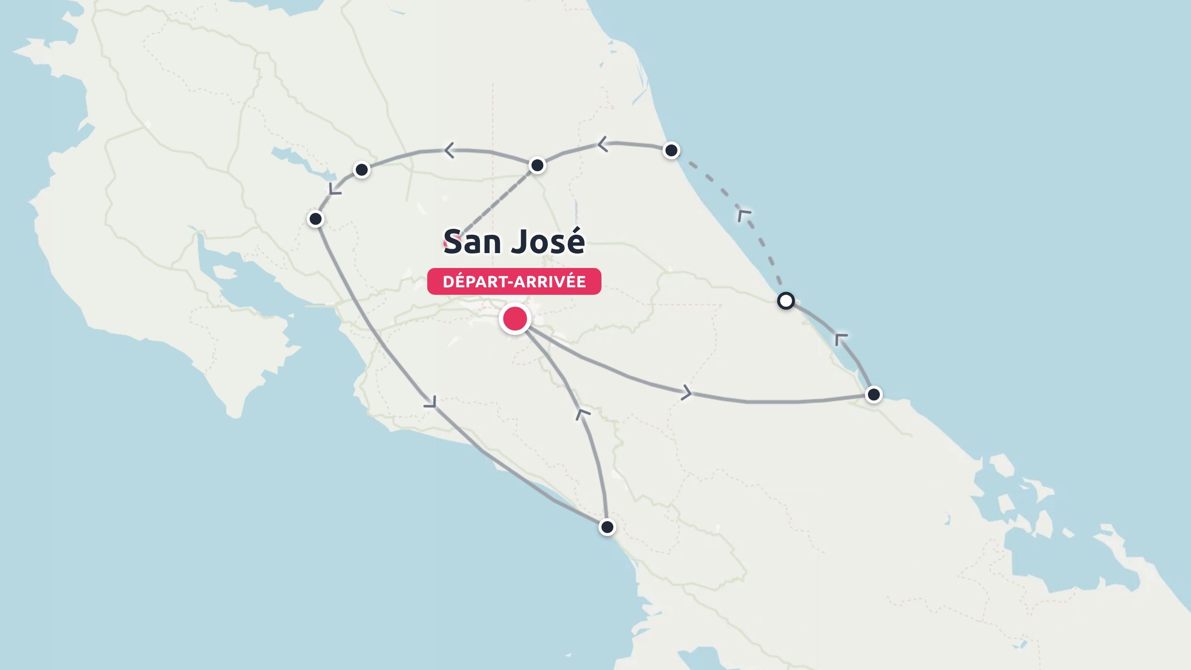Une carte d'itinéraire de voyage au Costa Rica présentant un parcours circulaire au départ et à l'arrivée de San José