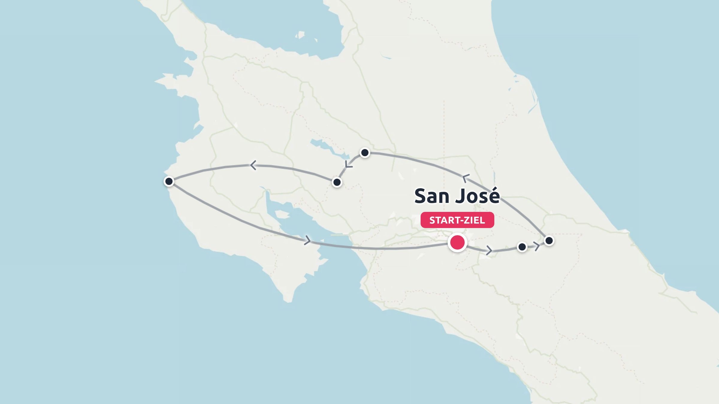 Eine Reiseroute, die als Rundreise in San José beginnt und endet.