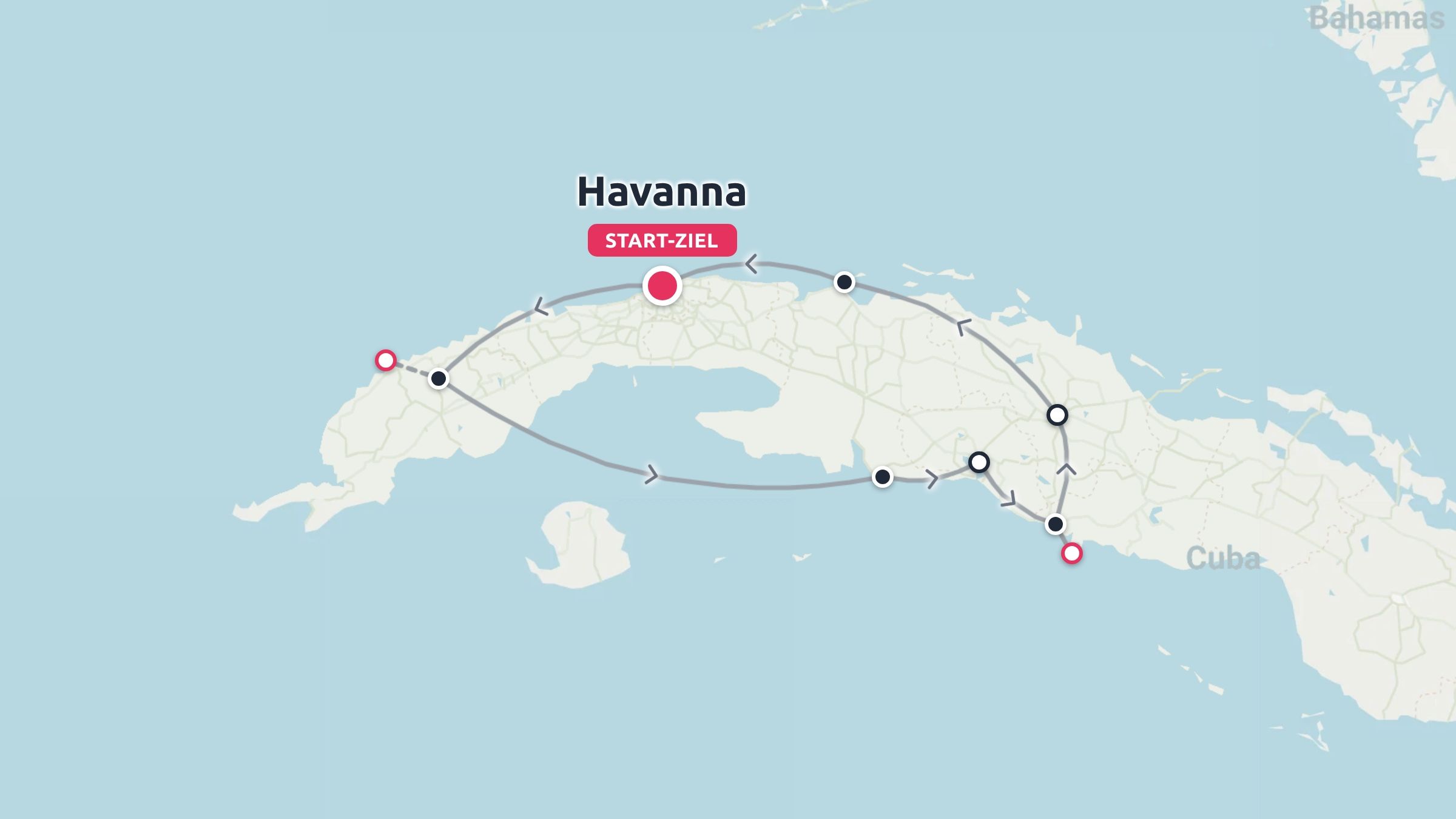 Eine Reiseroute durch Kuba, die in Havanna beginnt und endet, mit mehreren markierten Stopps entlang der Rundreise.