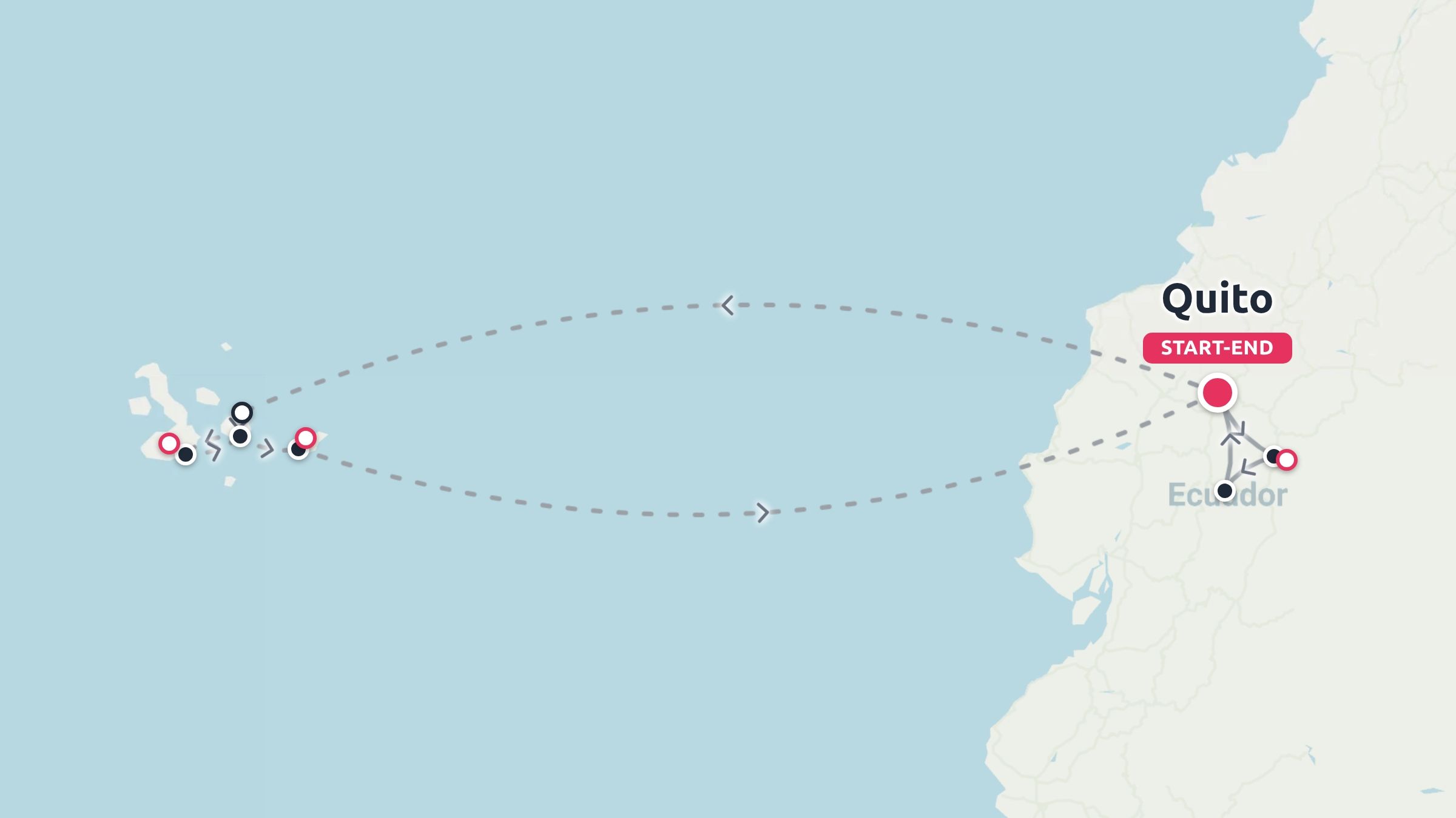 A travel map showing a flight route starting and ending in Quito, Ecuador, connecting to the Galápagos Islands.