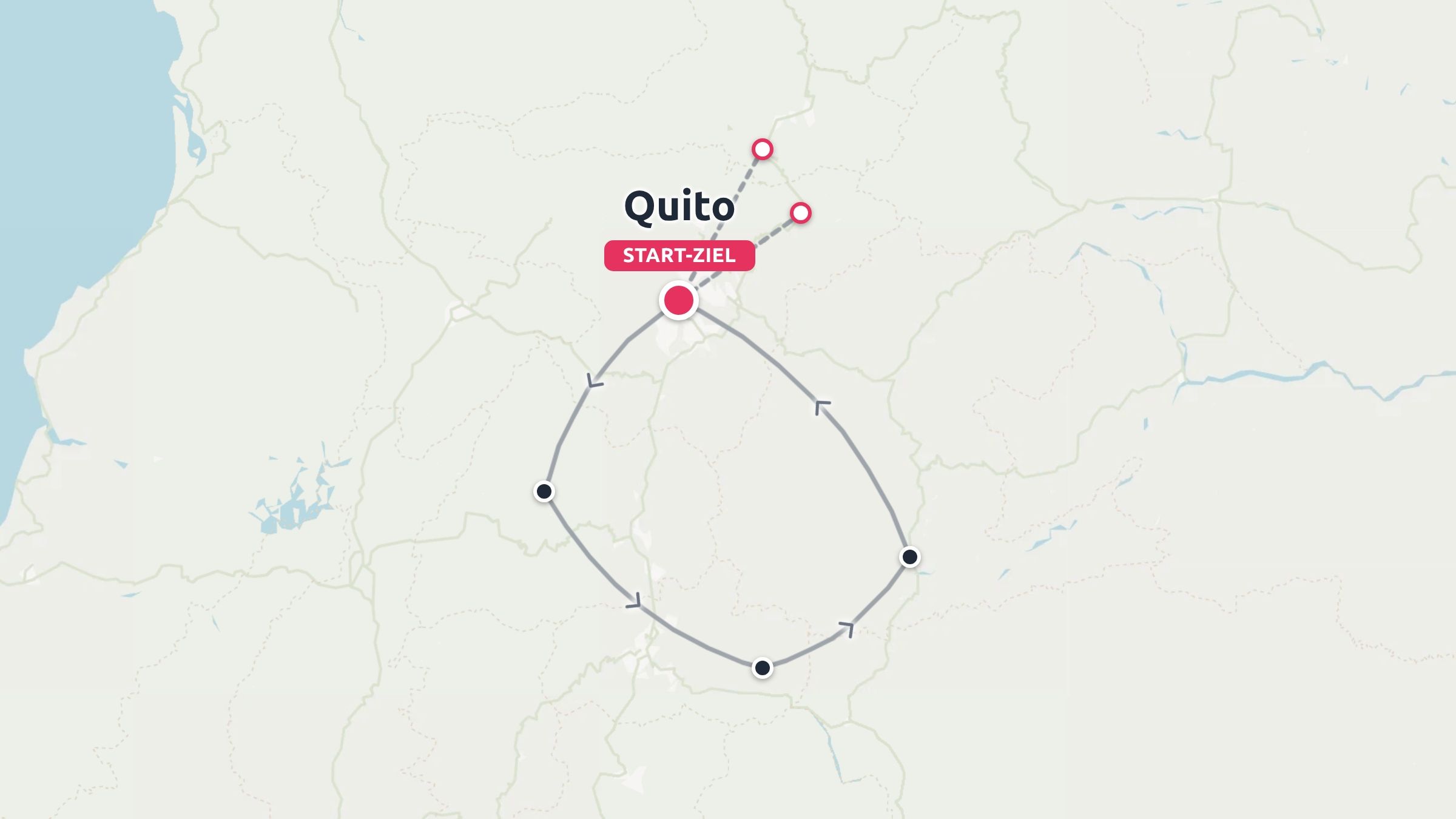Eine Reiseroute mit einer Rundreise, die in Quito beginnt und endet und mehrere Zwischenstopps umfasst.