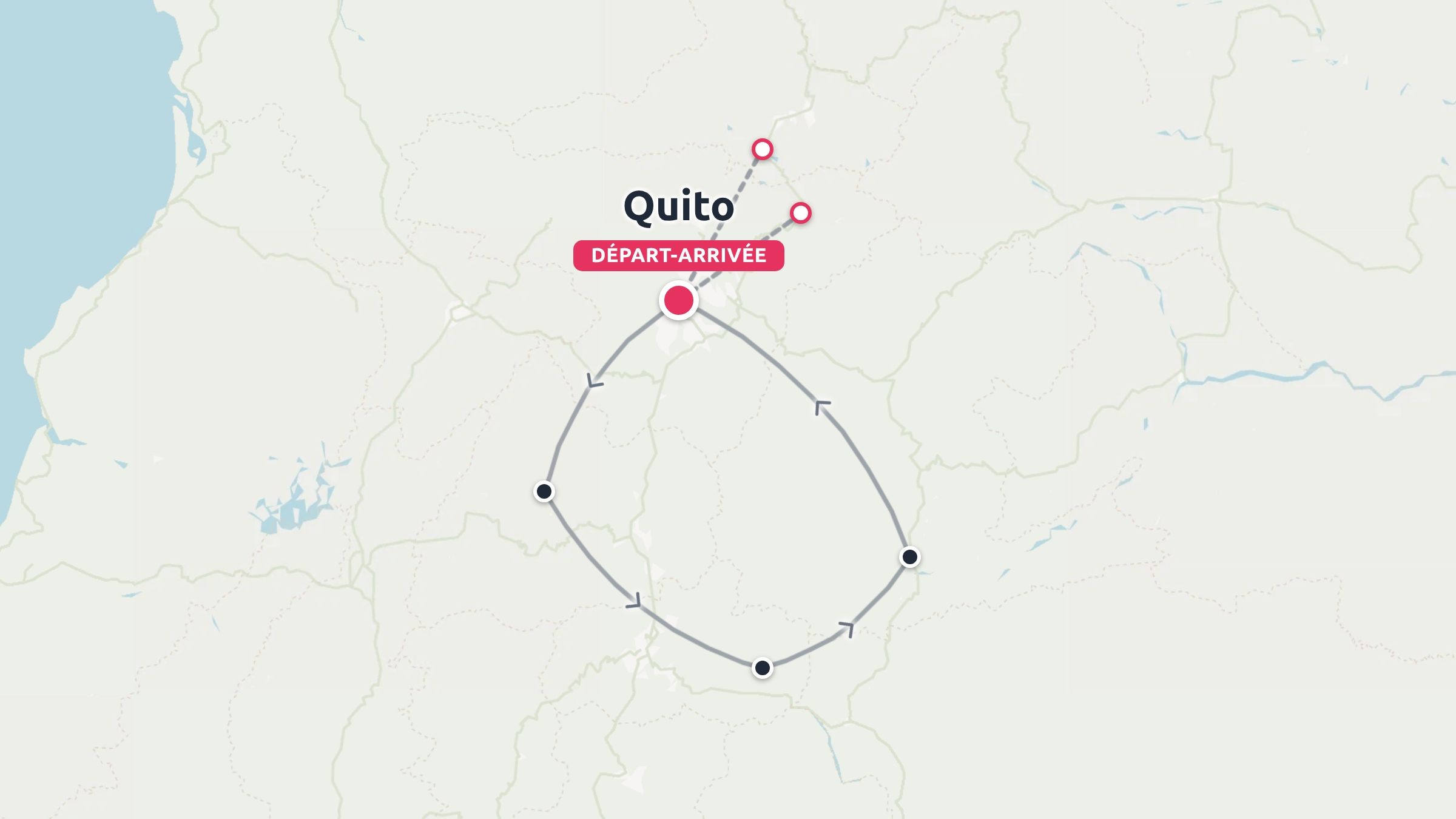 Une carte d'itinéraire de voyage montrant un parcours circulaire débutant et se terminant à Quito.