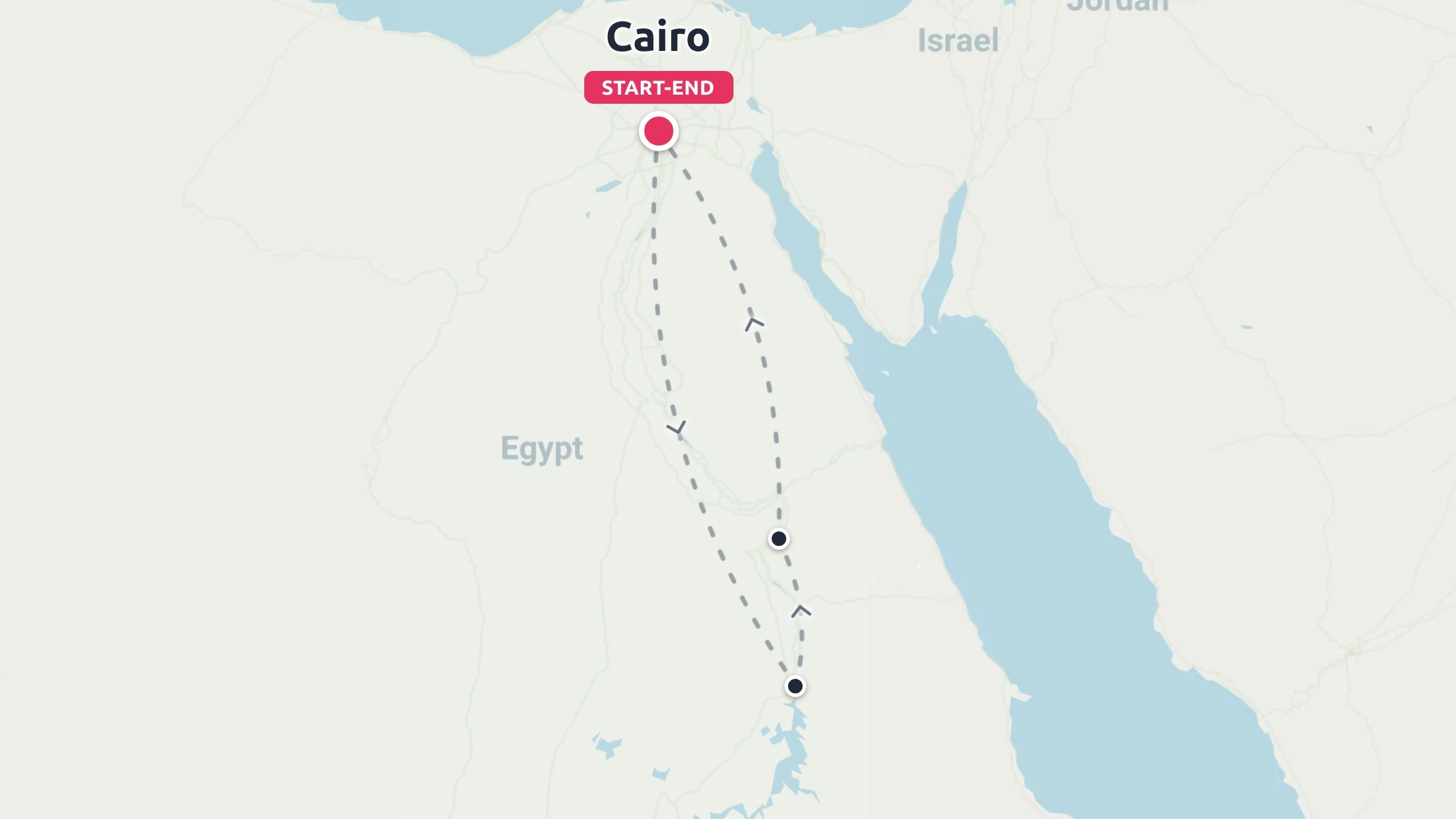 Travel itinerary map of Egypt showing a round-trip route starting and ending in Cairo.