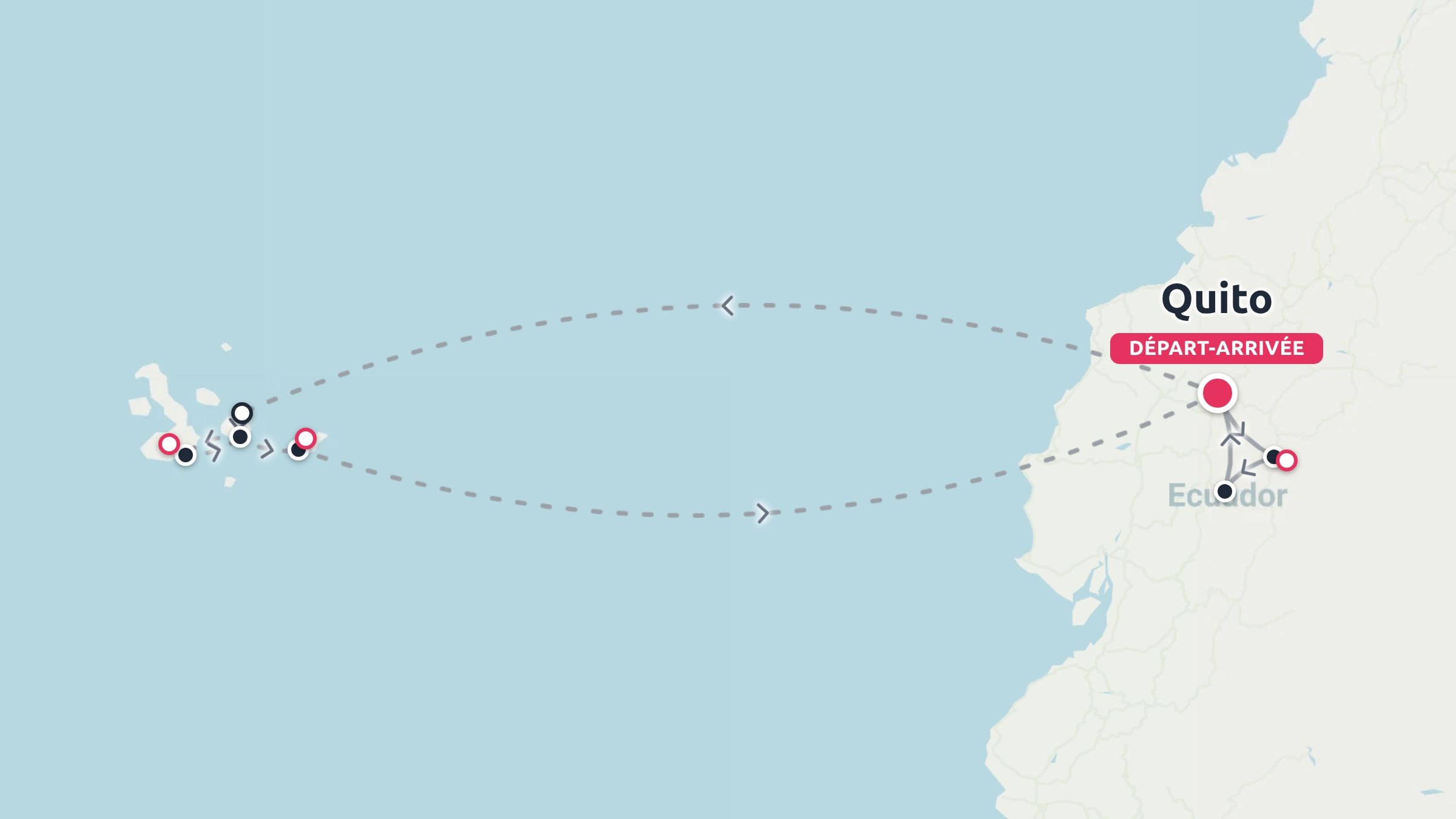 Carte de l'itinéraire de voyage montrant les trajets de vol entre Quito, en Équateur, et les îles Galápagos à travers l'océan Pacifique.