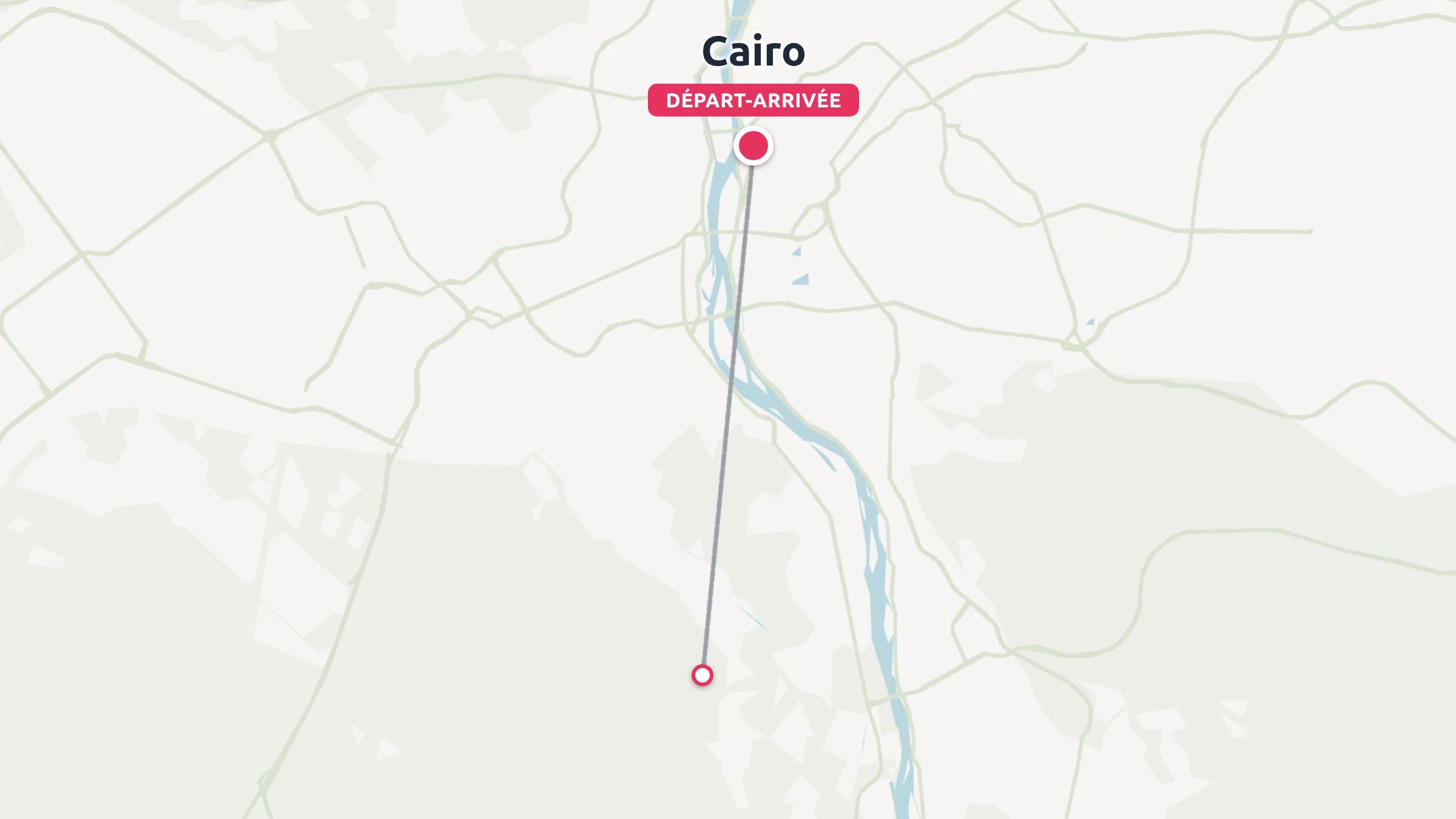 Une carte d'itinéraire de voyage montrant un circuit aller-retour au départ et à l'arrivée du Caire le long du Nil.