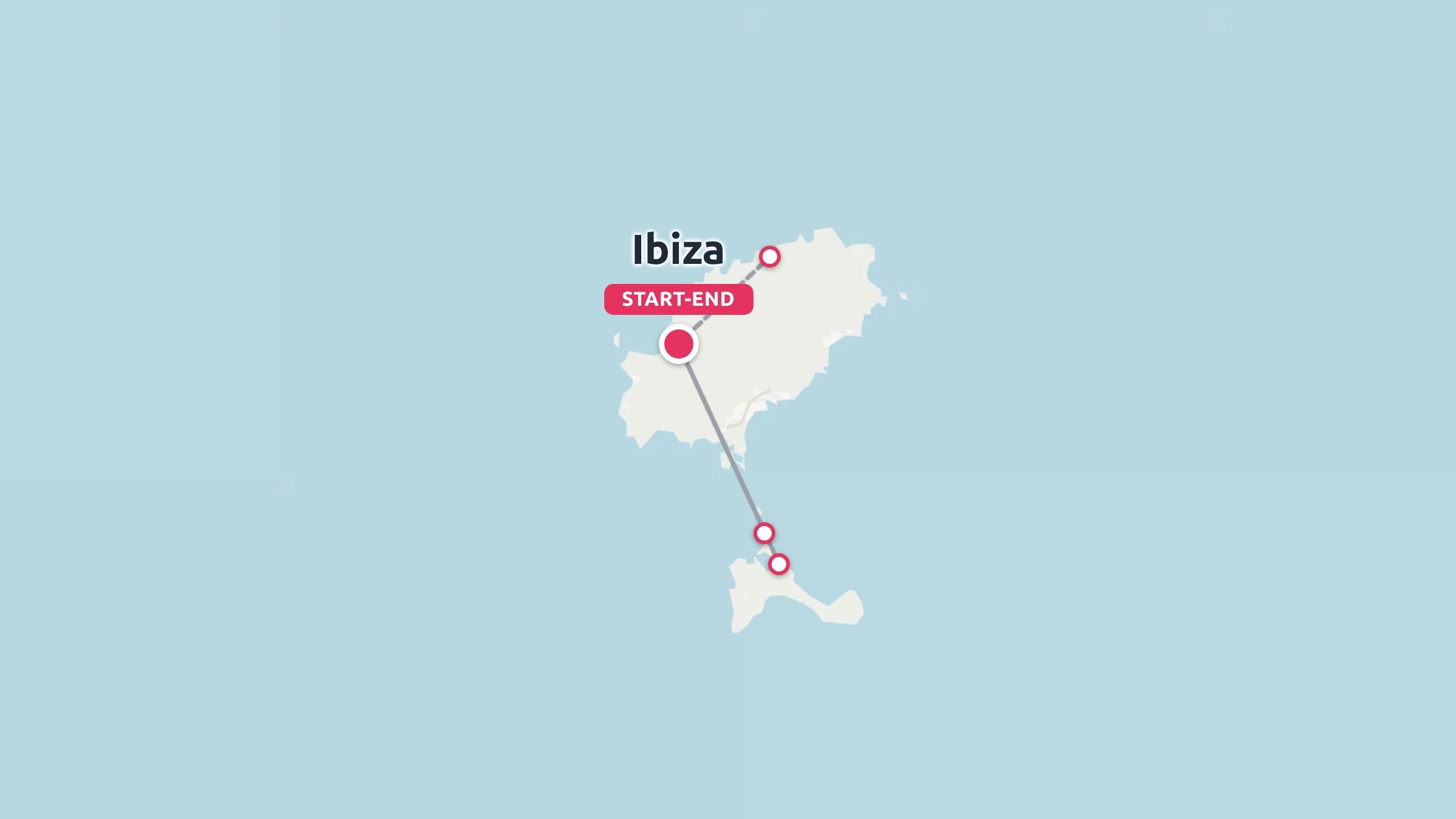 A travel itinerary map of Ibiza showing marked route points across the island on a light blue background.