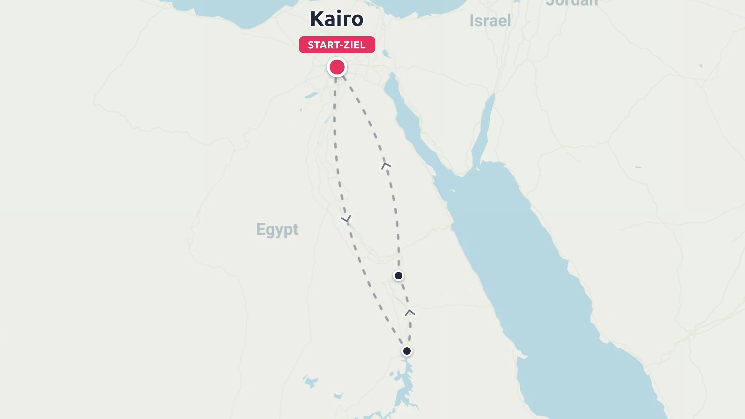 Reiseroute von Ägypten mit gestrichelten Routenlinien, die in Kairo beginnen und enden.