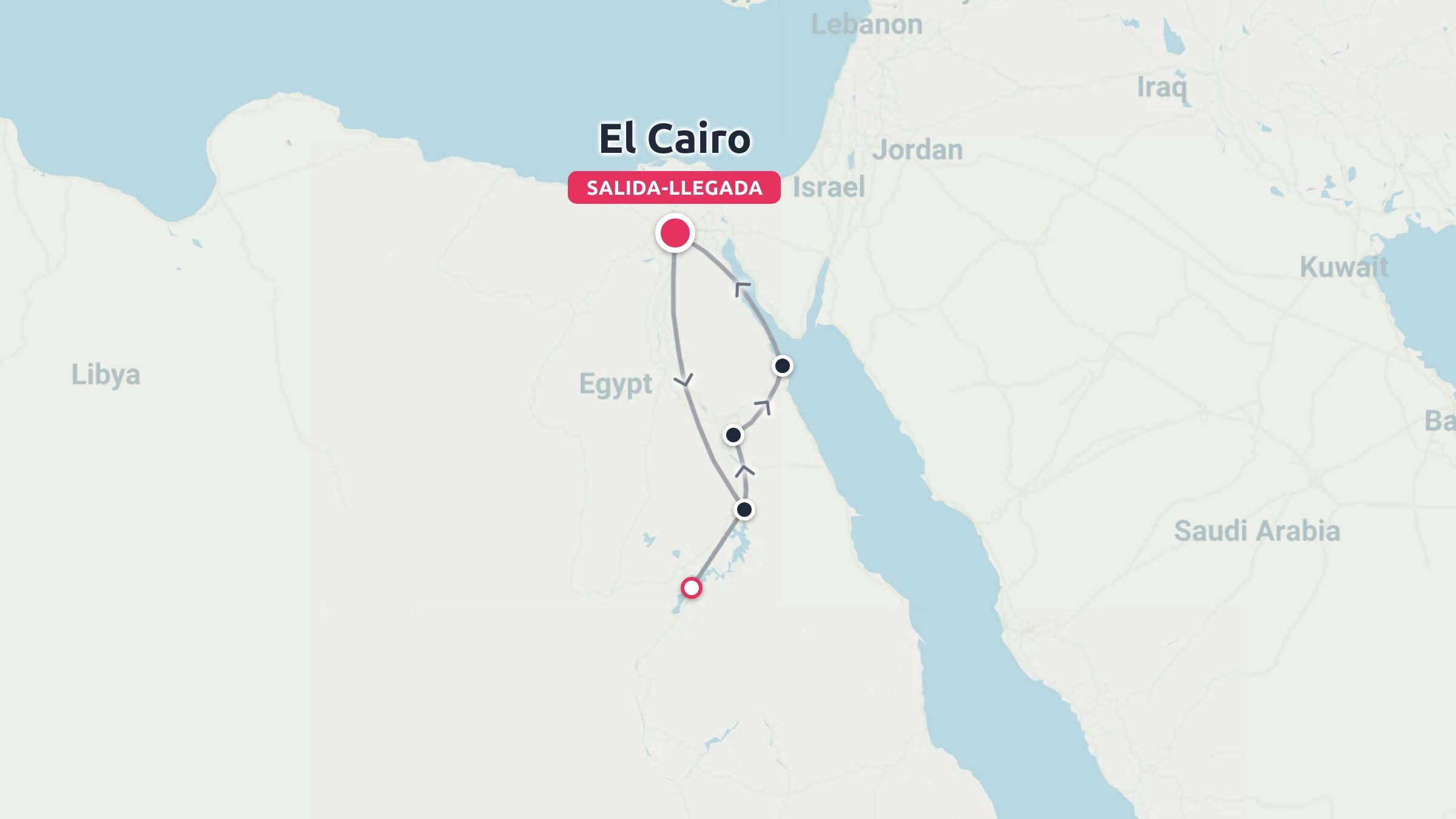 Un mapa de ruta de viaje por Egipto con los puntos de salida y llegada marcados en El Cairo