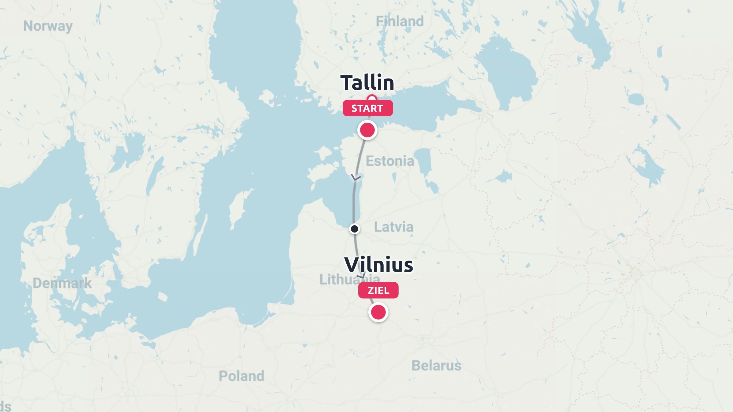 Eine Reiseroute, die in Tallinn in Estland beginnt, durch Lettland führt und in Vilnius in Litauen endet.