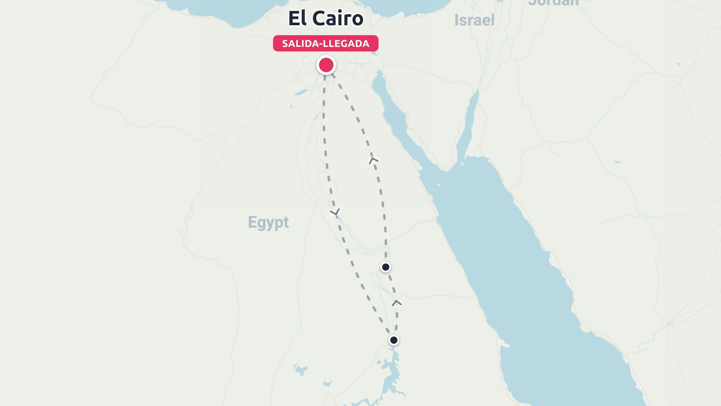 Mapa de viaje de Egipto que muestra una ruta de ida y vuelta que conecta El Cairo con destinos del sur a lo largo del Nilo.