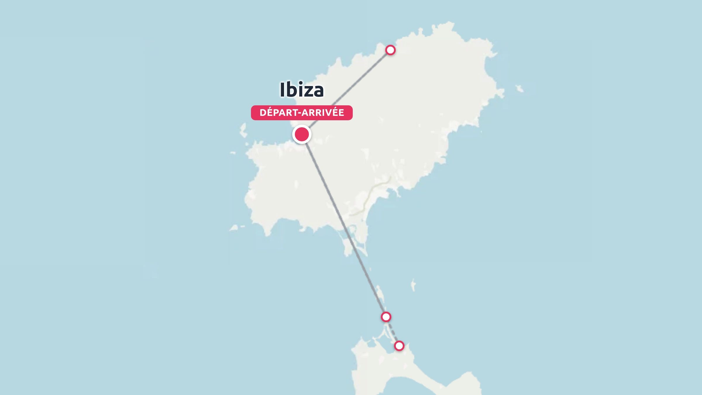 Carte de l'itinéraire de voyage d'Ibiza montrant les étapes et le point de départ et d'arrivée reliés par des lignes grises