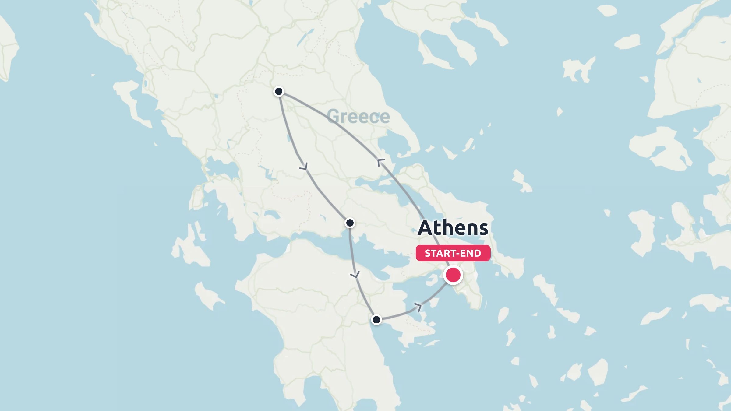 A travel itinerary map of Greece displaying a circular route starting and ending in Athens.