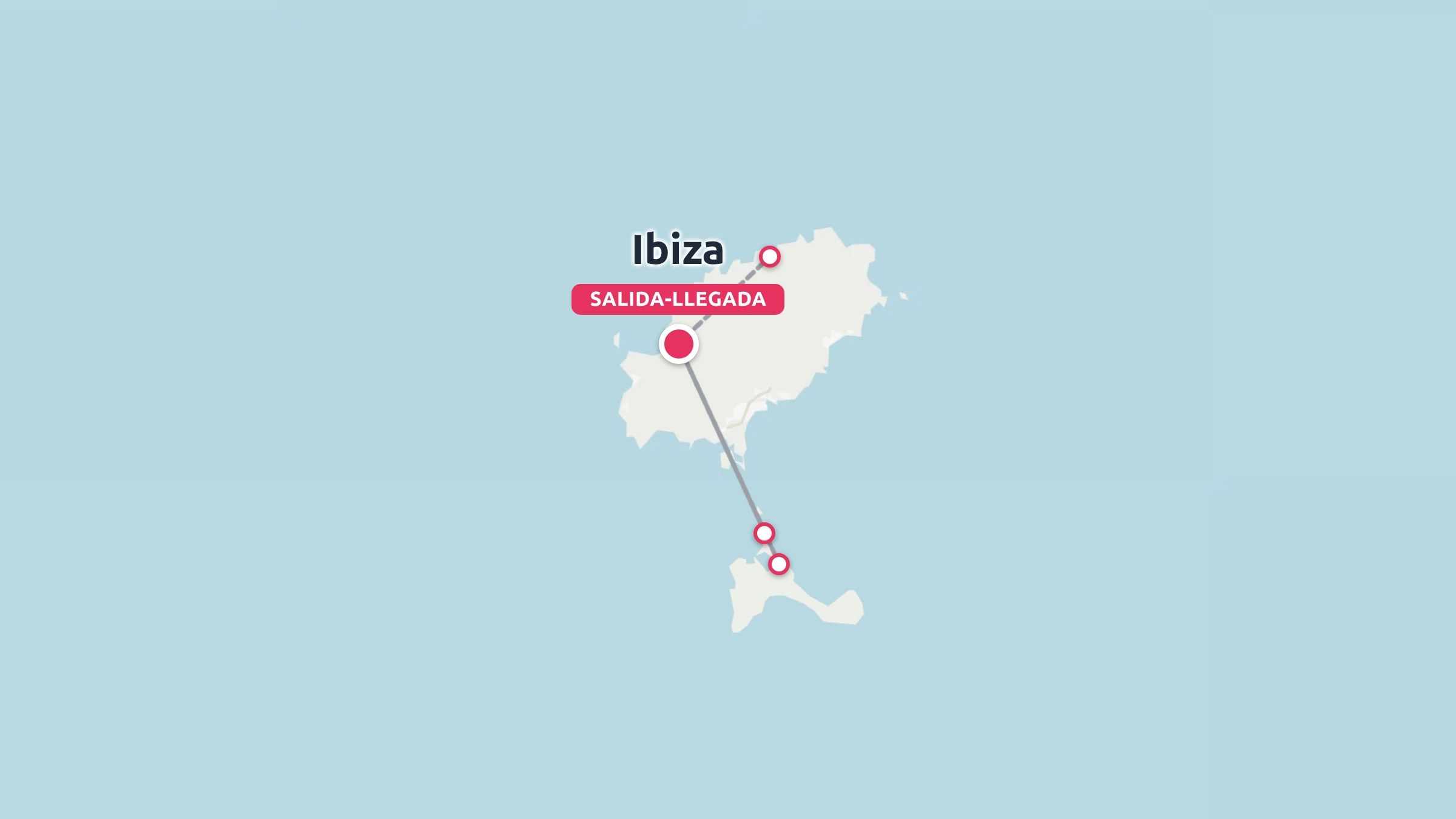 Un mapa de ruta de viaje de Ibiza y Formentera que muestra los puntos de salida y llegada conectados por una línea de ruta.