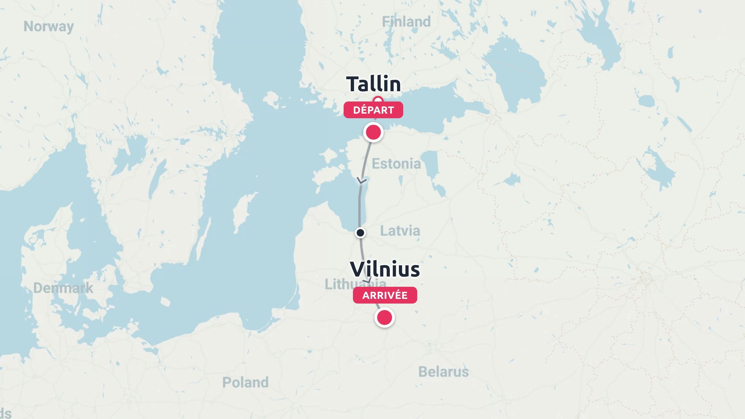 Carte indiquant un itinéraire de voyage commençant à Tallinn en Estonie, traversant la Lettonie et se terminant à Vilnius en Lituanie