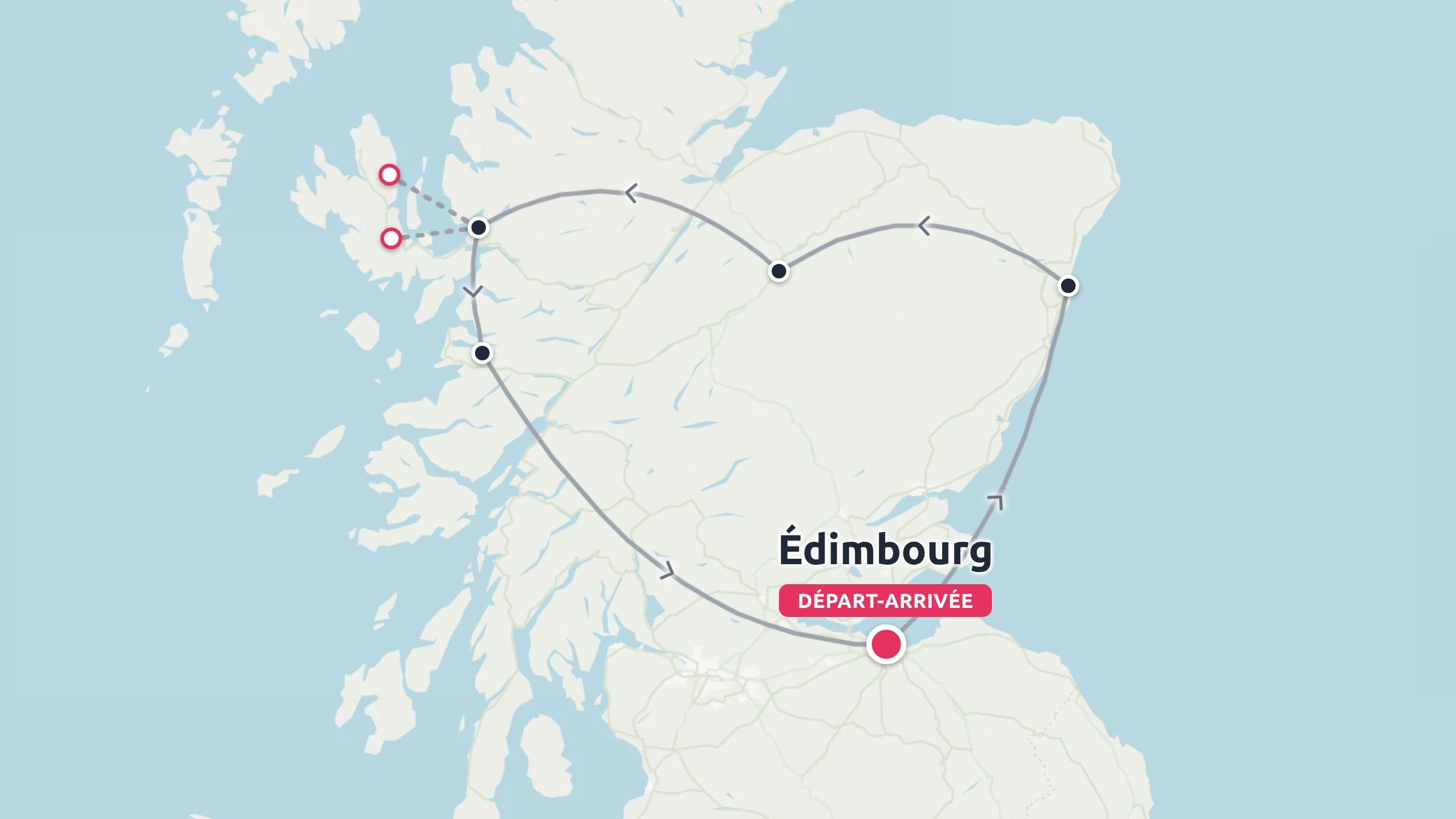 Carte d'itinéraire de voyage en Écosse indiquant un voyage en boucle commençant et se terminant à Édimbourg avec des points de destination marqués.