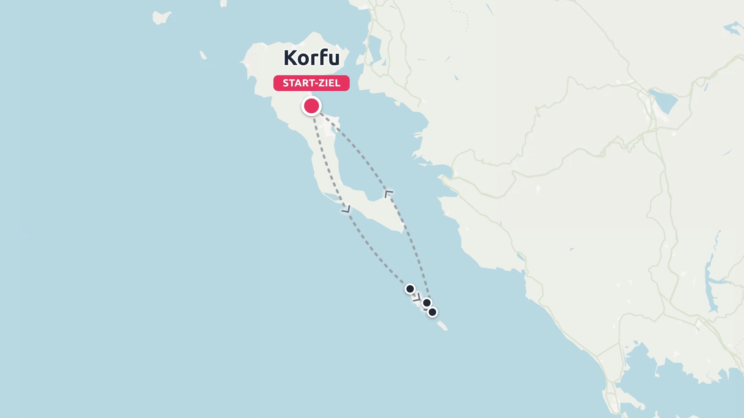 Reiseroute mit einer Segelrundreise, die in Korfu beginnt und endet.