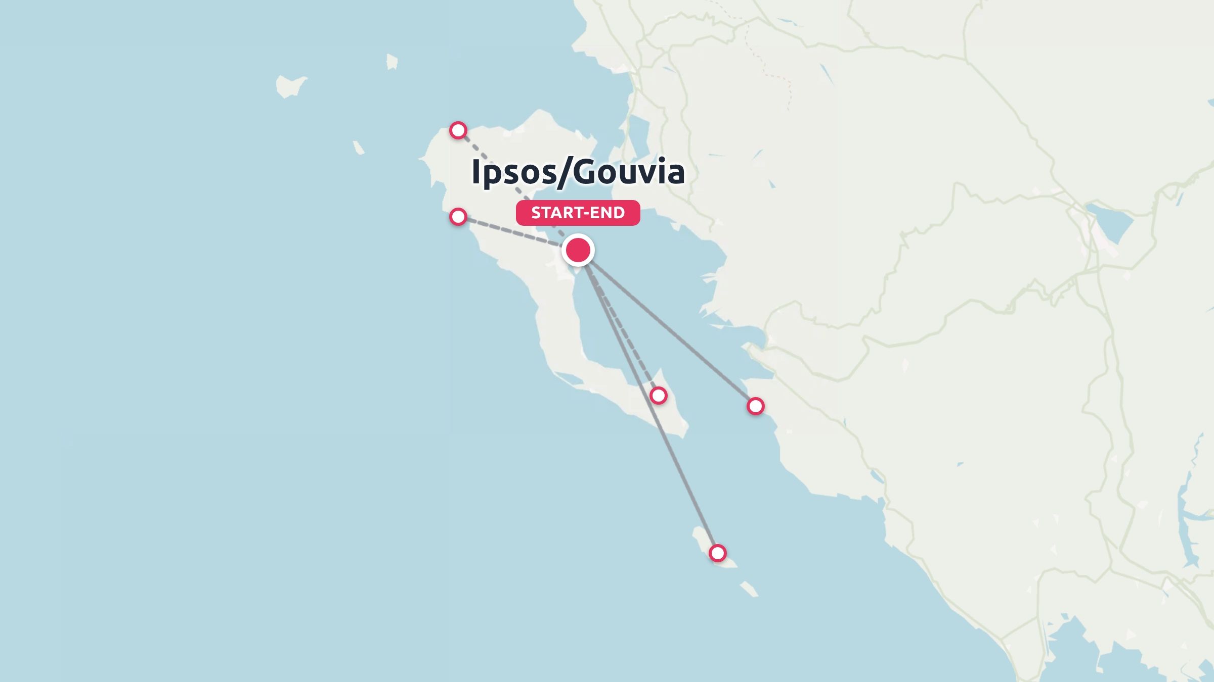 Travel map showing an itinerary route with multiple stops starting and ending in Ipsos and Gouvia.