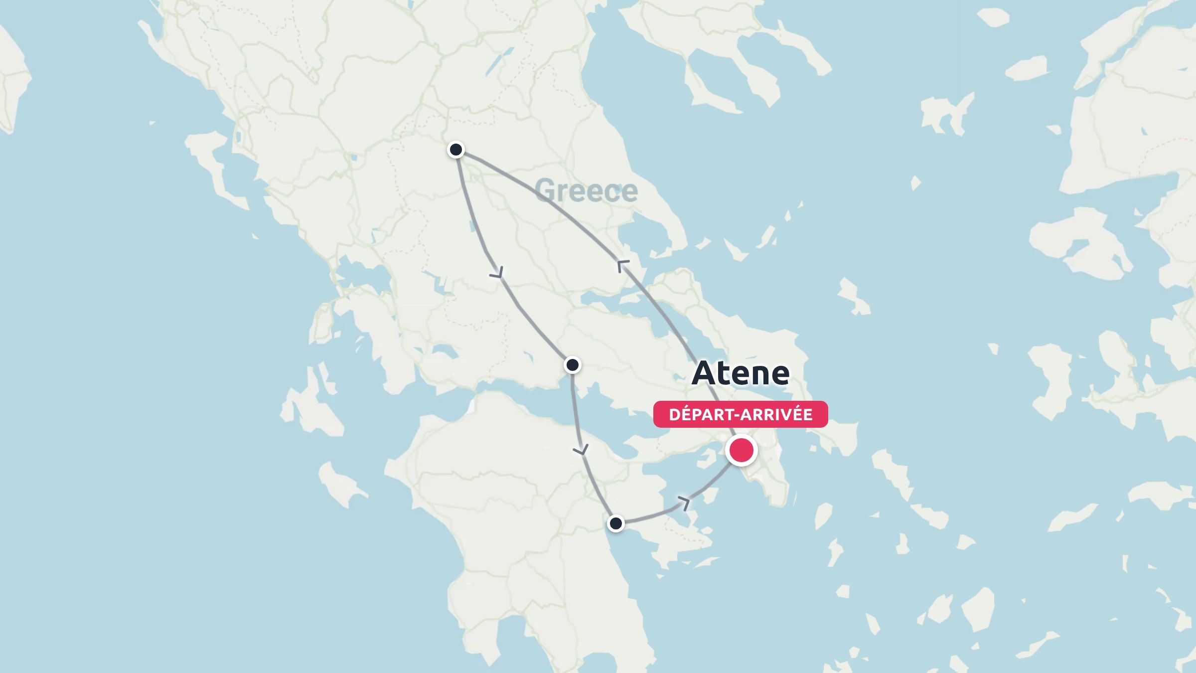 Carte de l'itinéraire de voyage en Grèce montrant un parcours circulaire débutant et se terminant à Athènes.