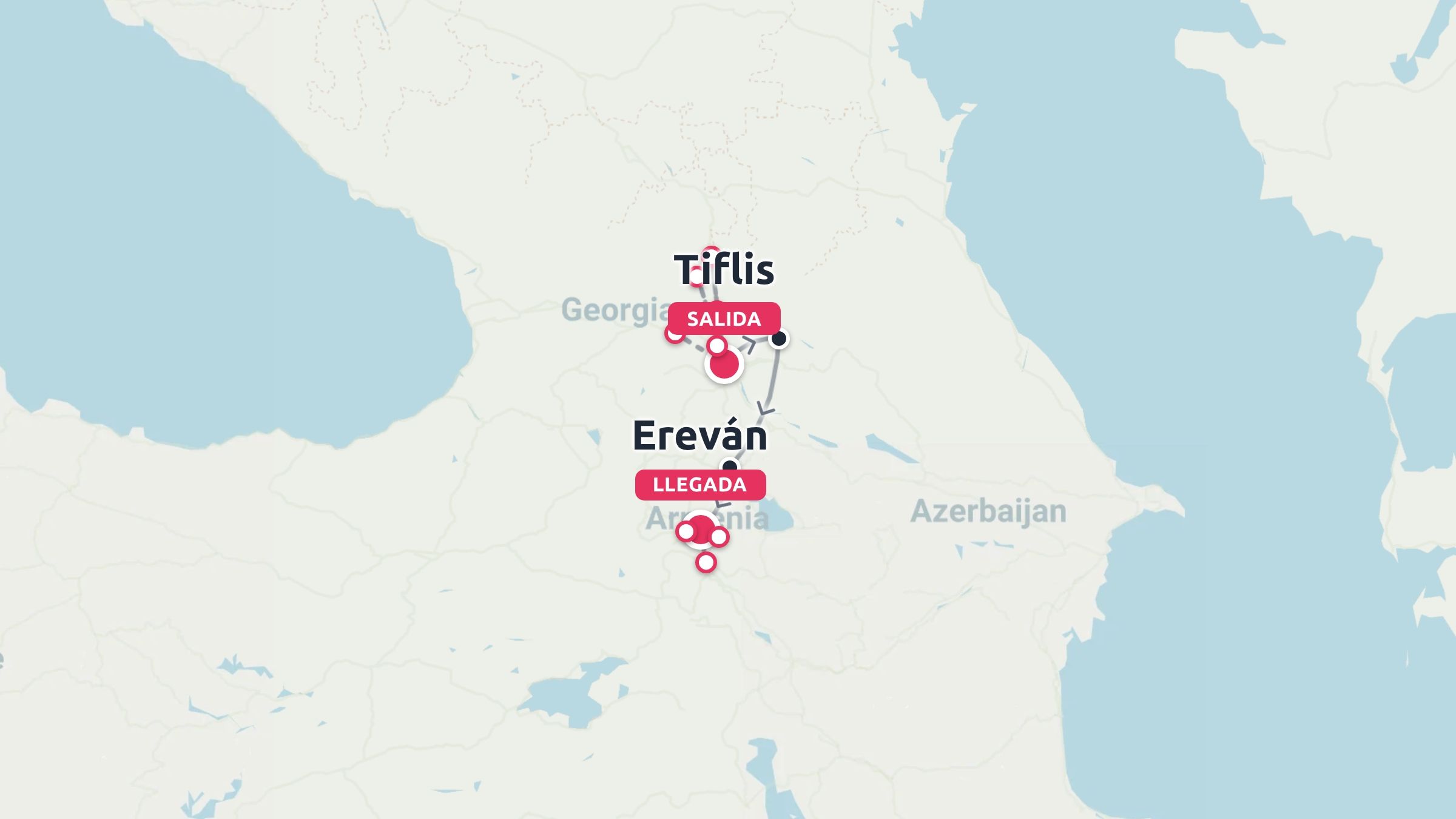 Un mapa de ruta de viaje que muestra un itinerario que sale de Tiflis en Georgia y llega a Ereván en Armenia.