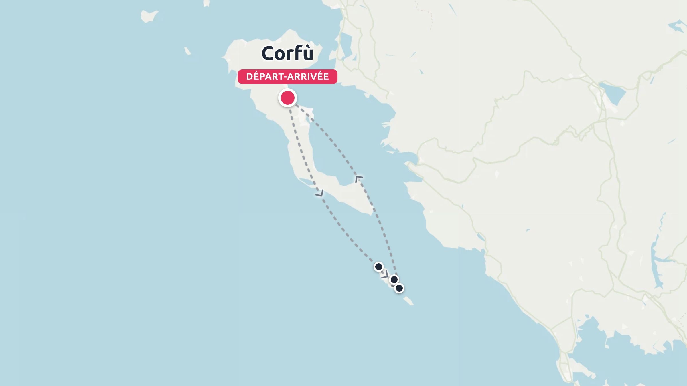 Une carte d'itinéraire de voyage montrant un parcours circulaire débutant et se terminant à Corfou avec des arrêts le long de la mer.