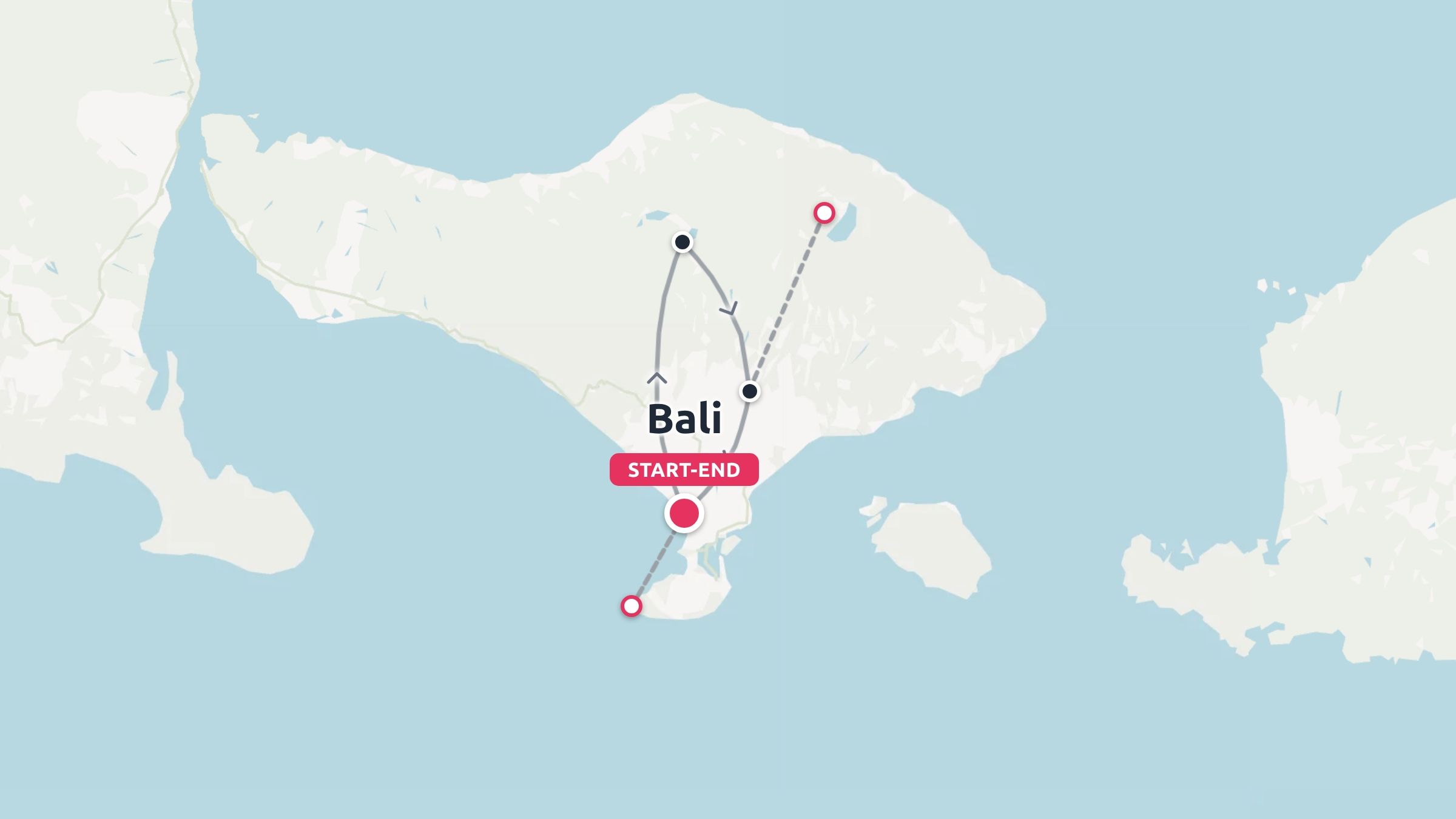 A travel itinerary map of Bali showing route lines, destination points, and a start-end location marker.