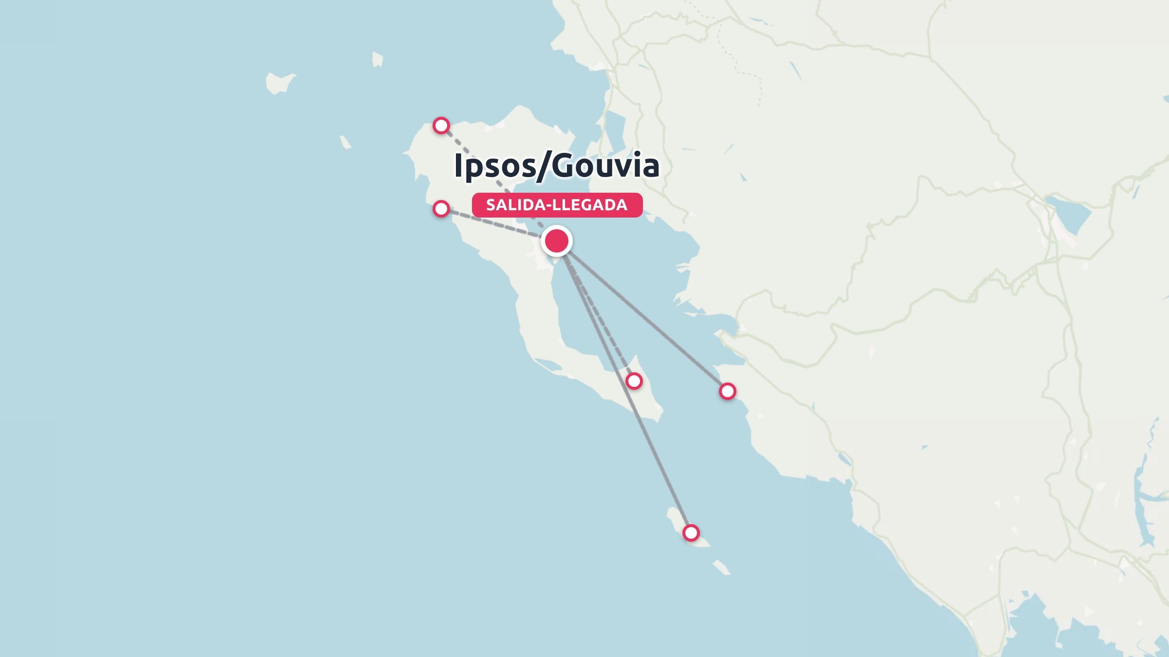 Mapa de ruta de viaje que muestra los puntos de referencia a lo largo de la costa con salida y llegada en Ipsos y Gouvia.