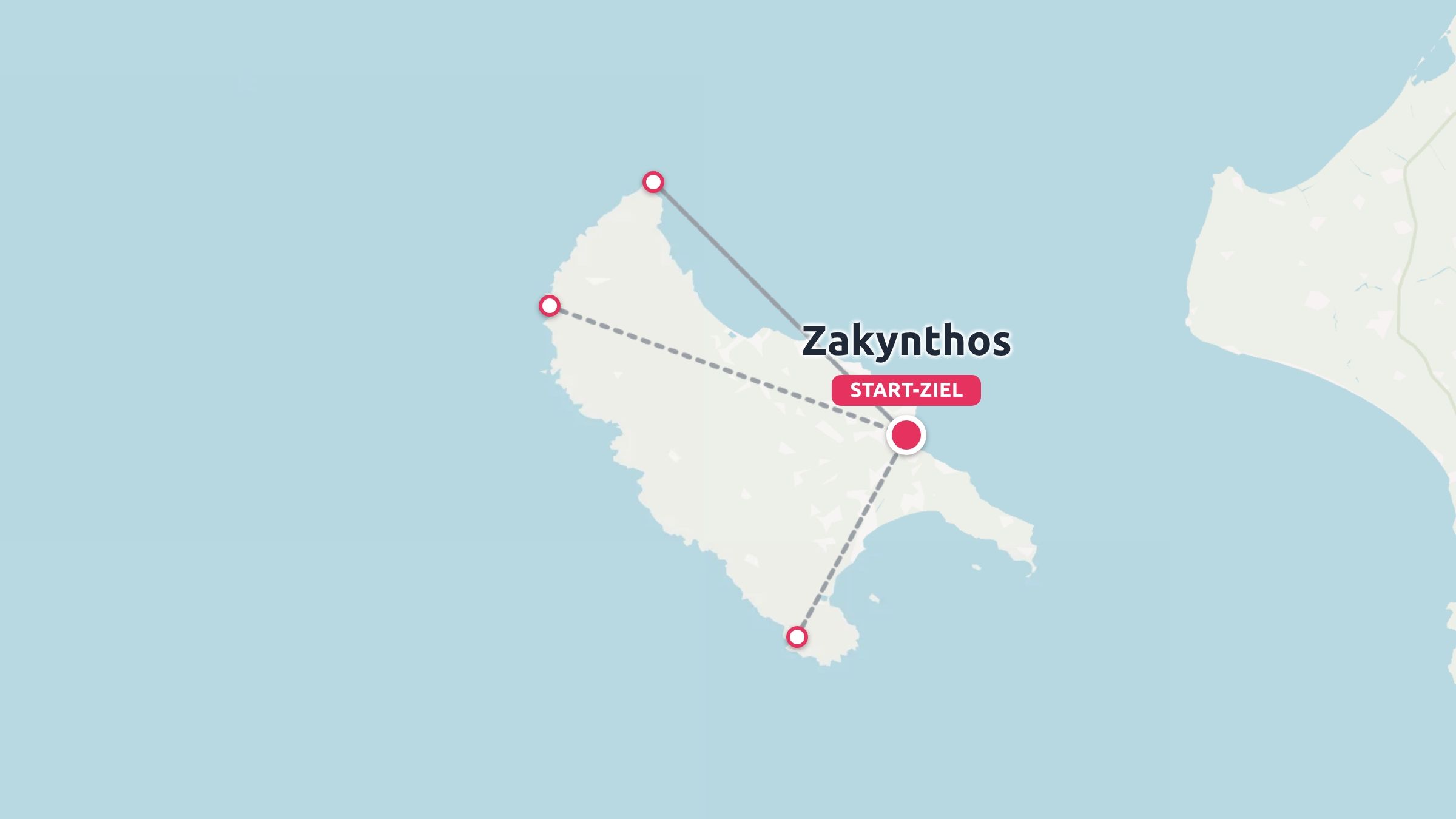 Reisekarte von Zakynthos mit verbundenen Reisezielen und einem Start-Ziel-Standortmarker.