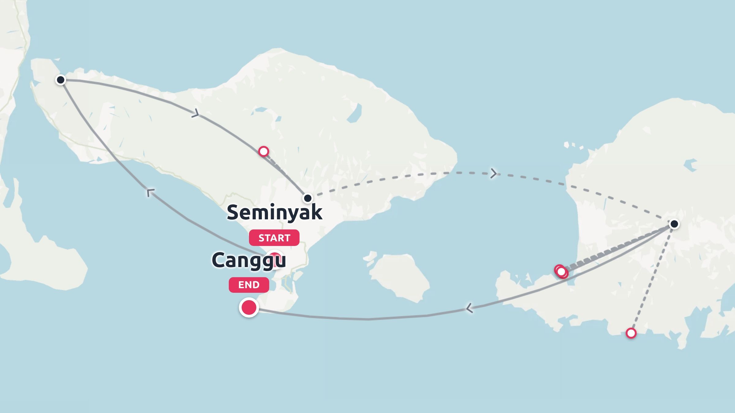 Travel route map showing an itinerary loop between Bali and Lombok, starting in Seminyak and ending in Canggu.