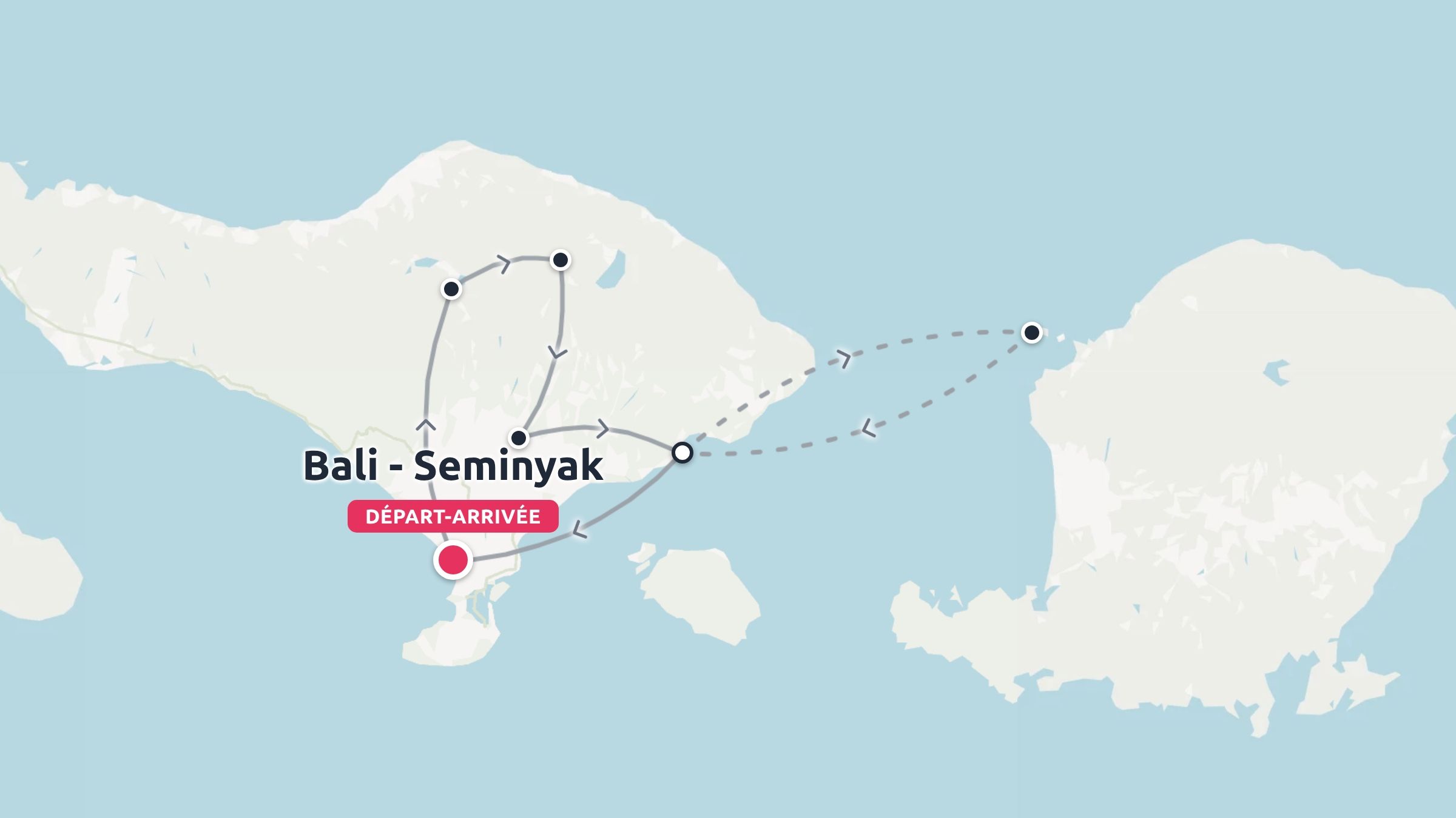 Carte d'itinéraire de voyage de Bali commençant et se terminant à Seminyak, montrant un parcours circulaire à travers les îles.