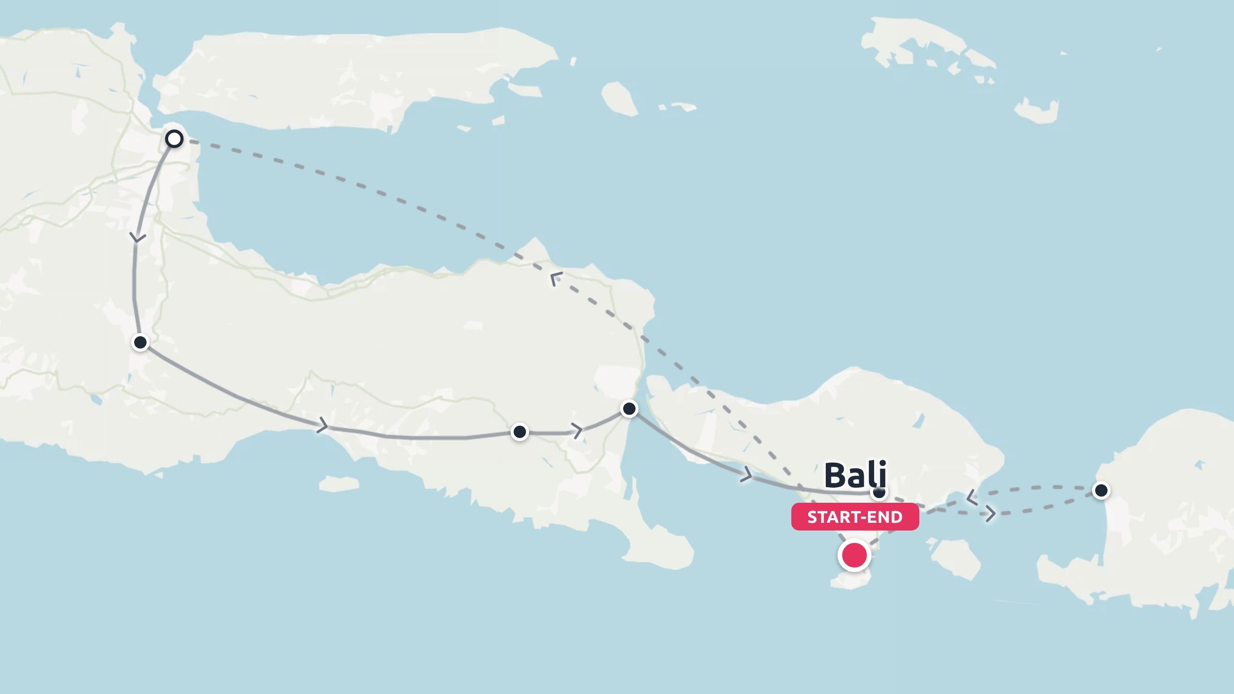 Travel route map showing an itinerary loop across Java and Lombok, starting and ending in Bali.