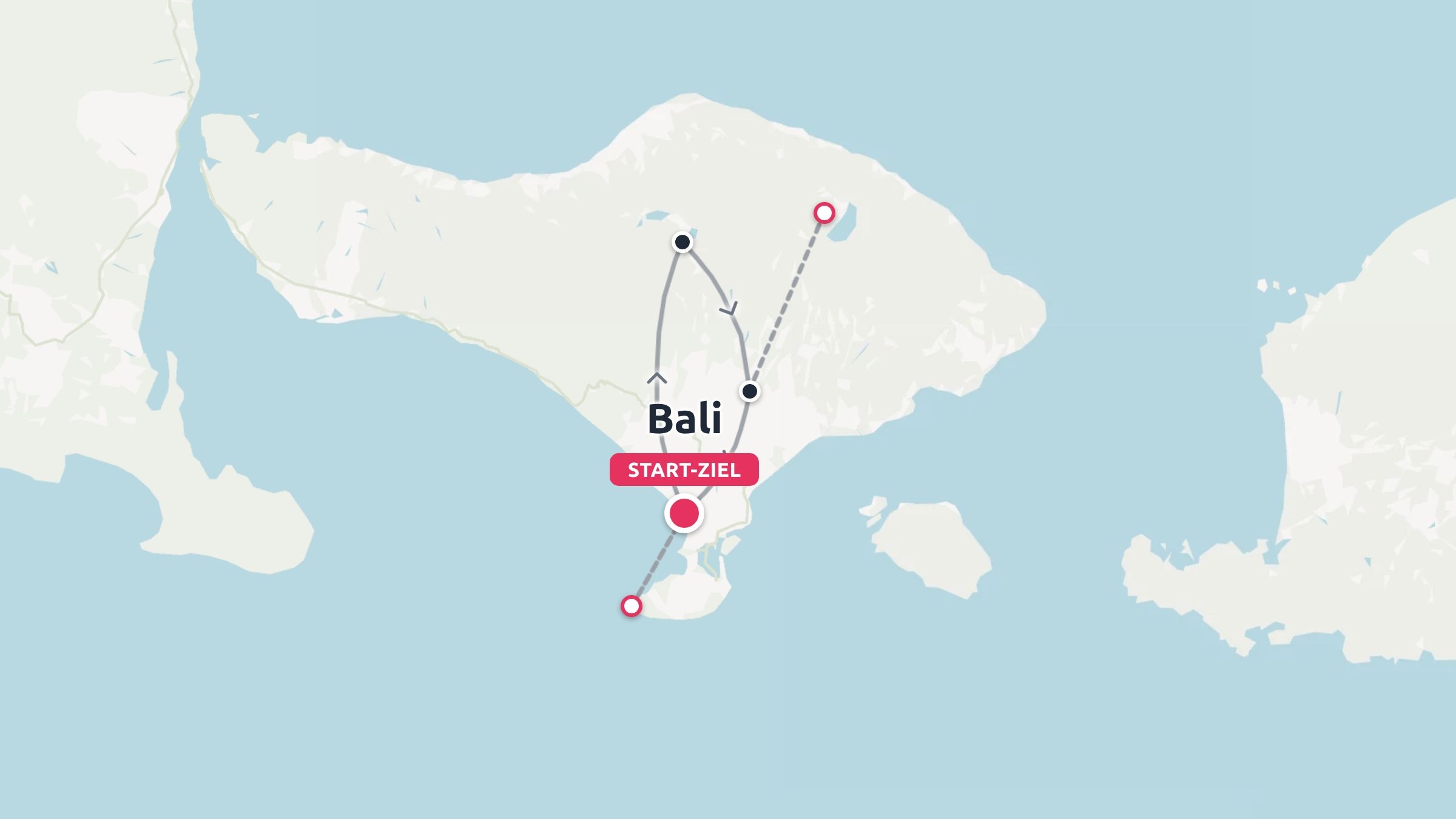 Reiseroute von Bali mit einer Route und mehreren Stopps sowie einem markierten Start- und Endpunkt