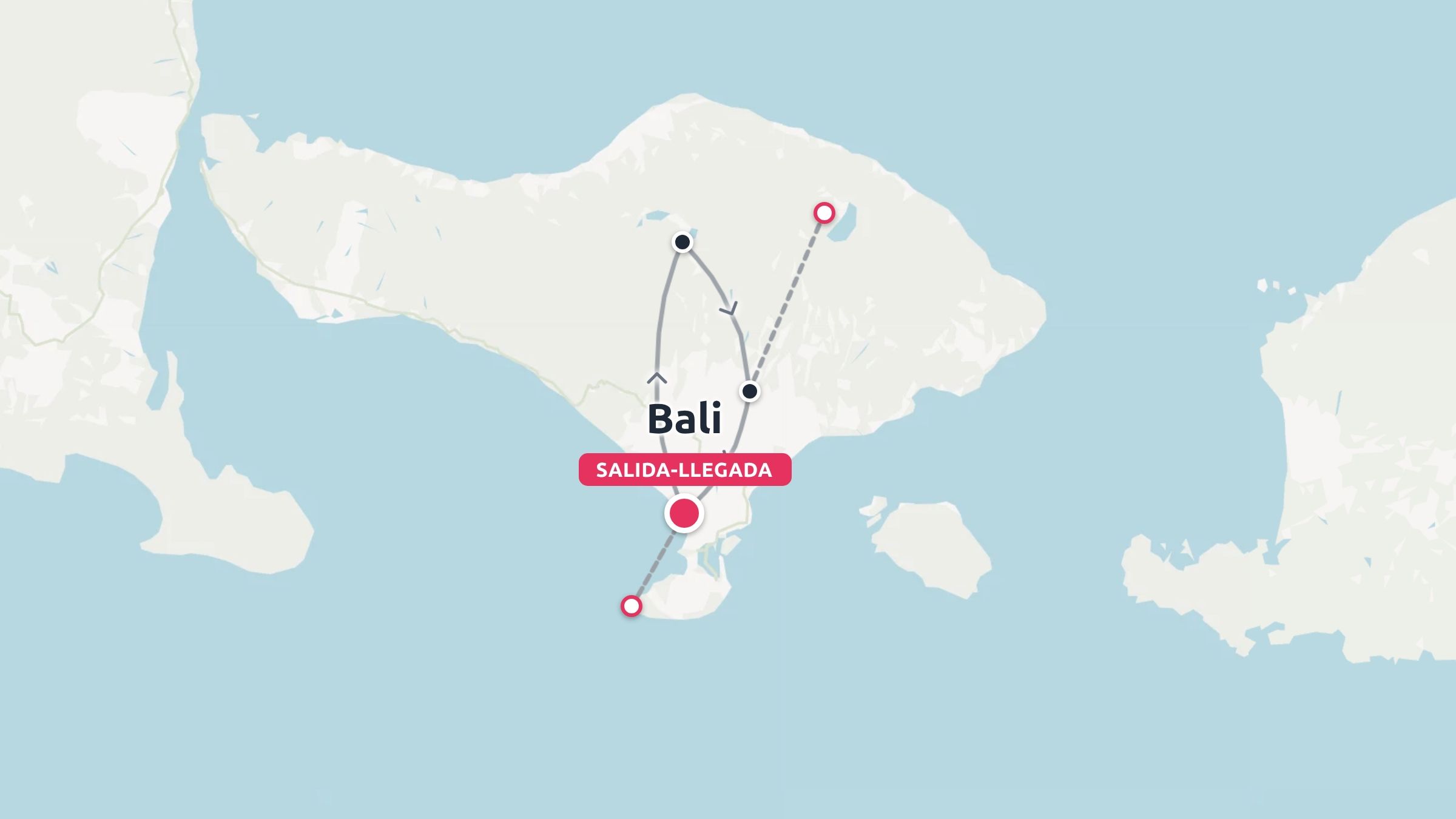 Un mapa de la ruta de viaje por Bali que muestra los puntos del itinerario y los lugares de salida.