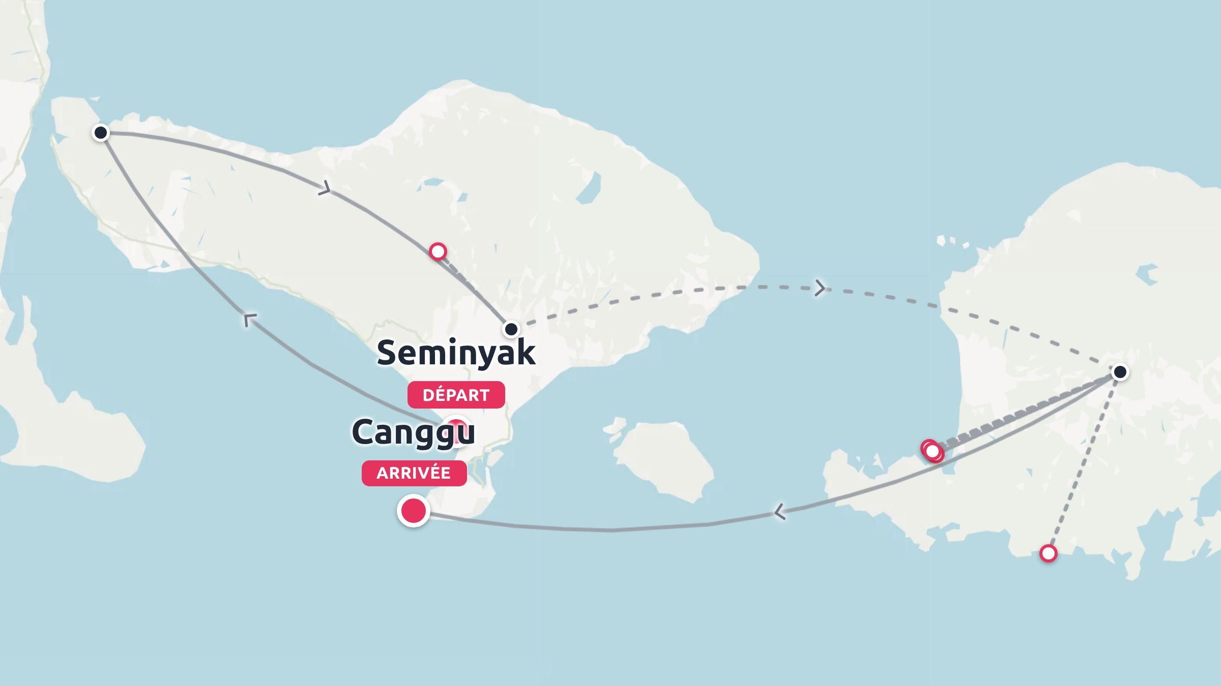 Une carte d'itinéraire de voyage montrant un parcours commençant à Seminyak et se terminant à Canggu à travers les îles côtières.