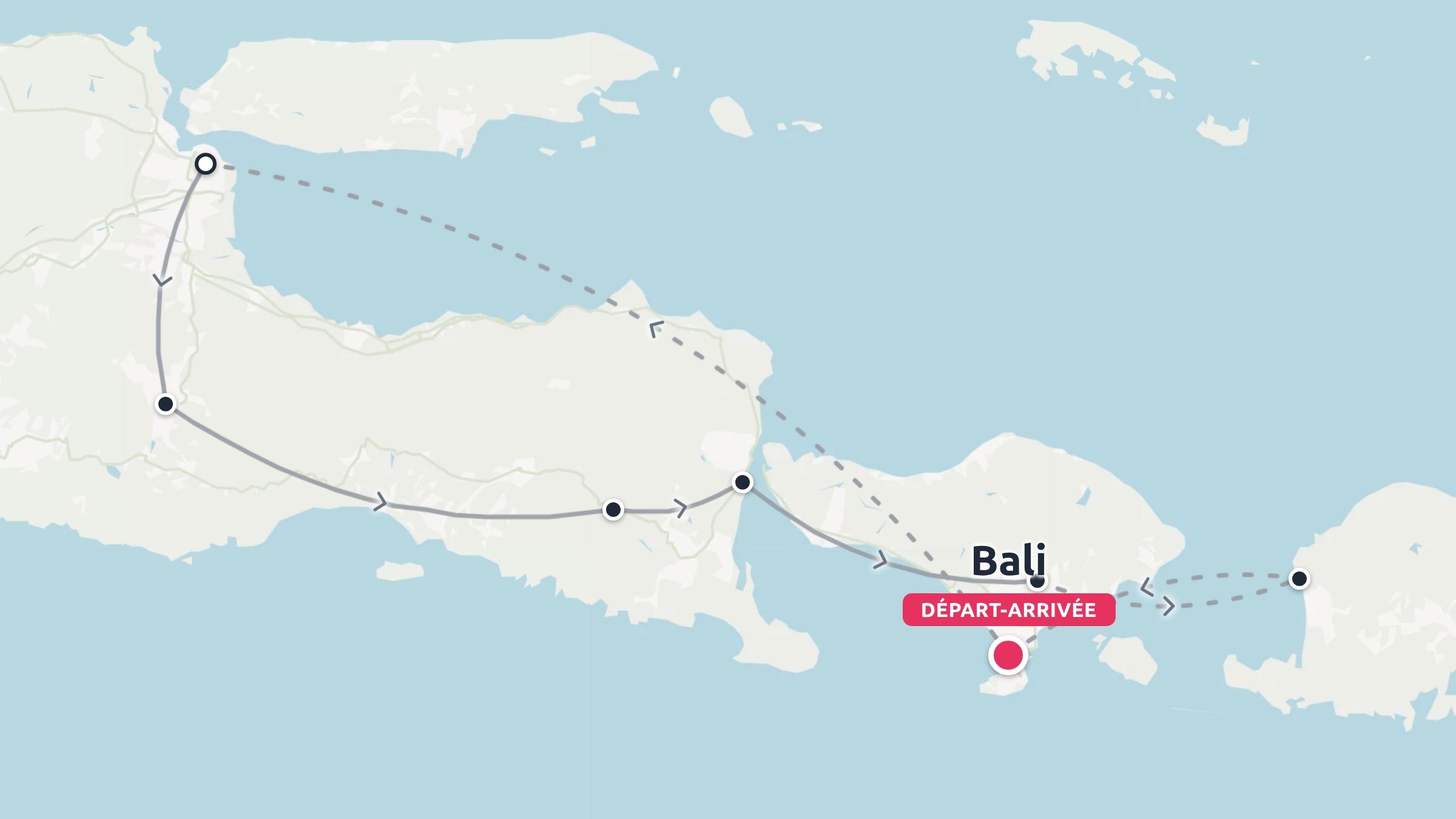Une carte d'itinéraire de voyage affichant un parcours à travers Java Est et Bali avec des arrêts marqués.