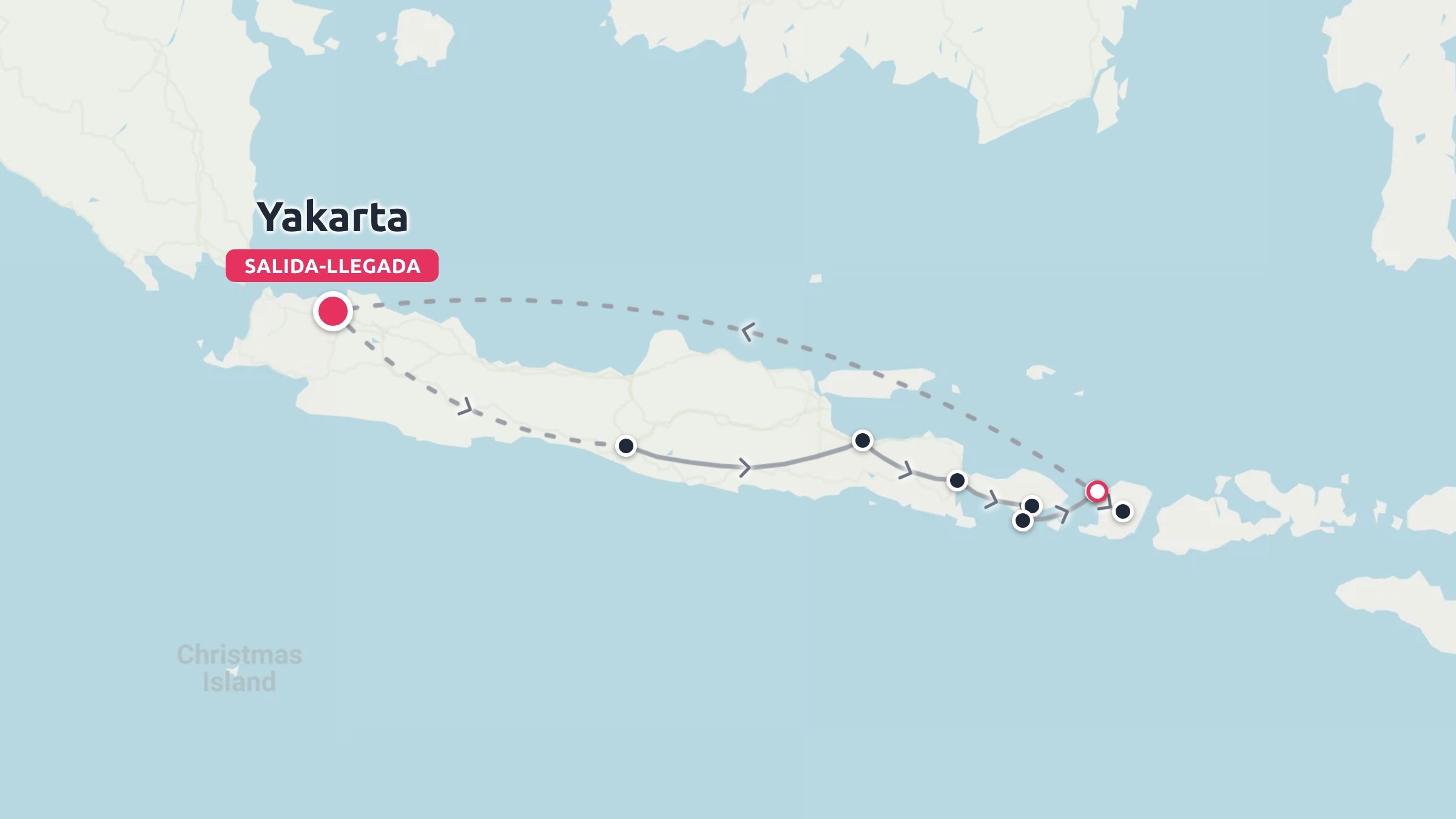 Un mapa de ruta de viaje por Java, Indonesia, que muestra un itinerario que empieza y termina en Yakarta.