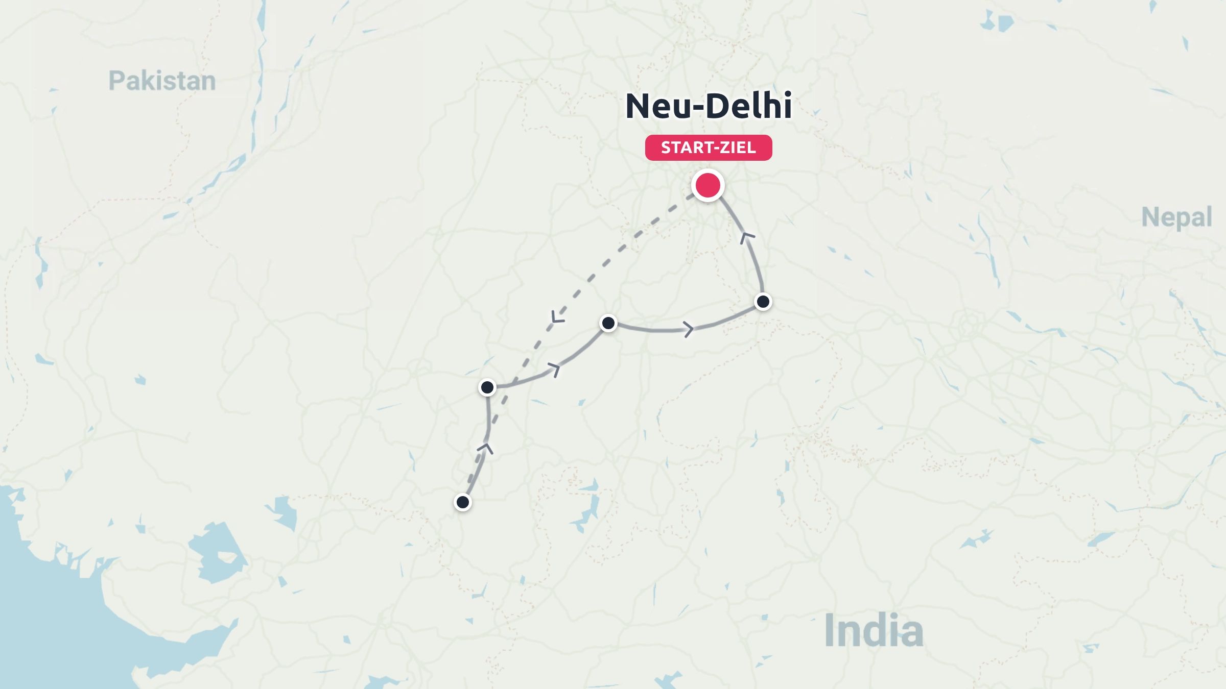 Reiseroute durch Indien mit einer kreisförmigen Route, die in Neu-Delhi beginnt und endet.