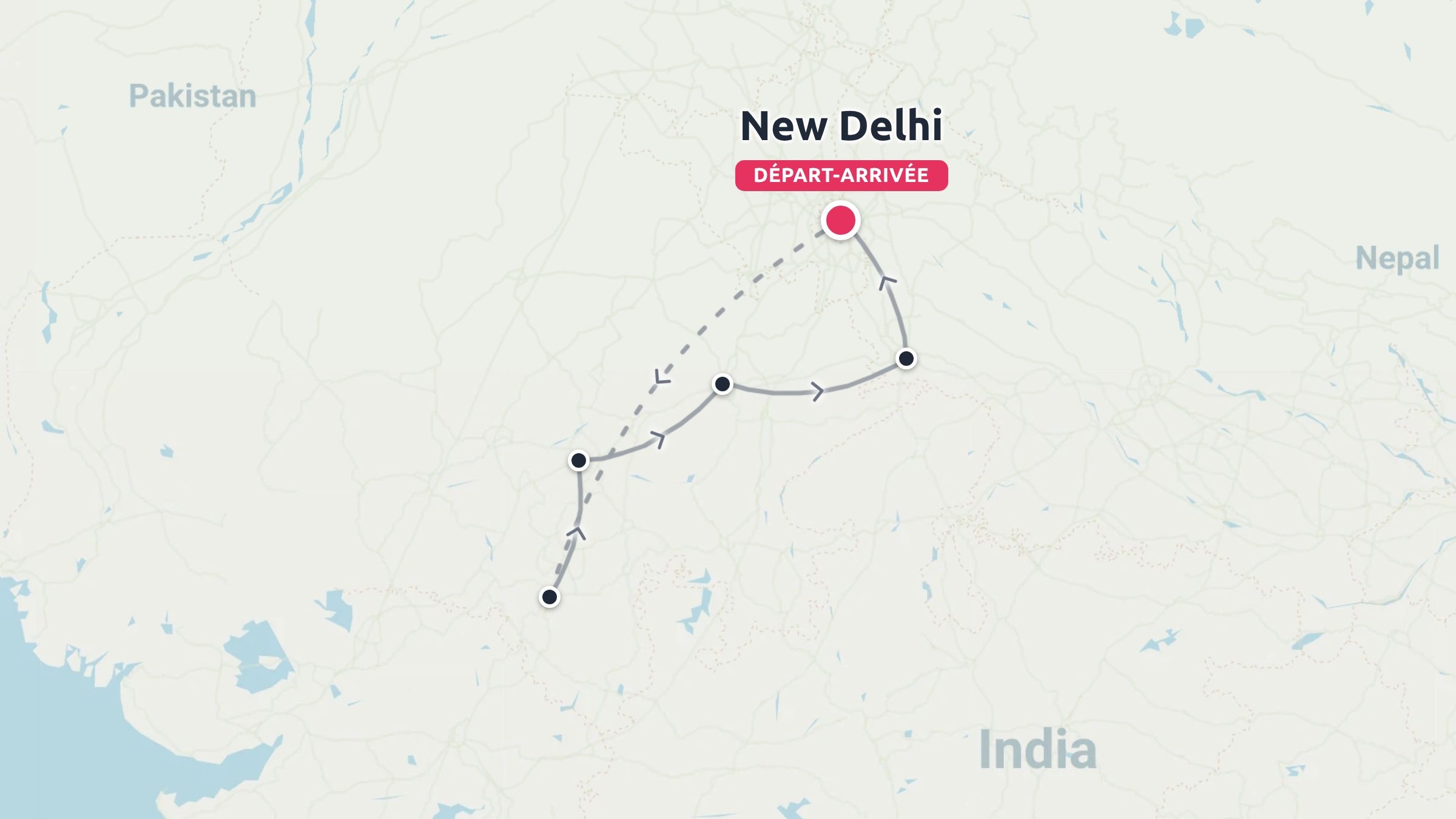 Un itinéraire de voyage à travers l'Inde montrant des arrêts interconnectés, avec un départ et une arrivée à New Delhi.