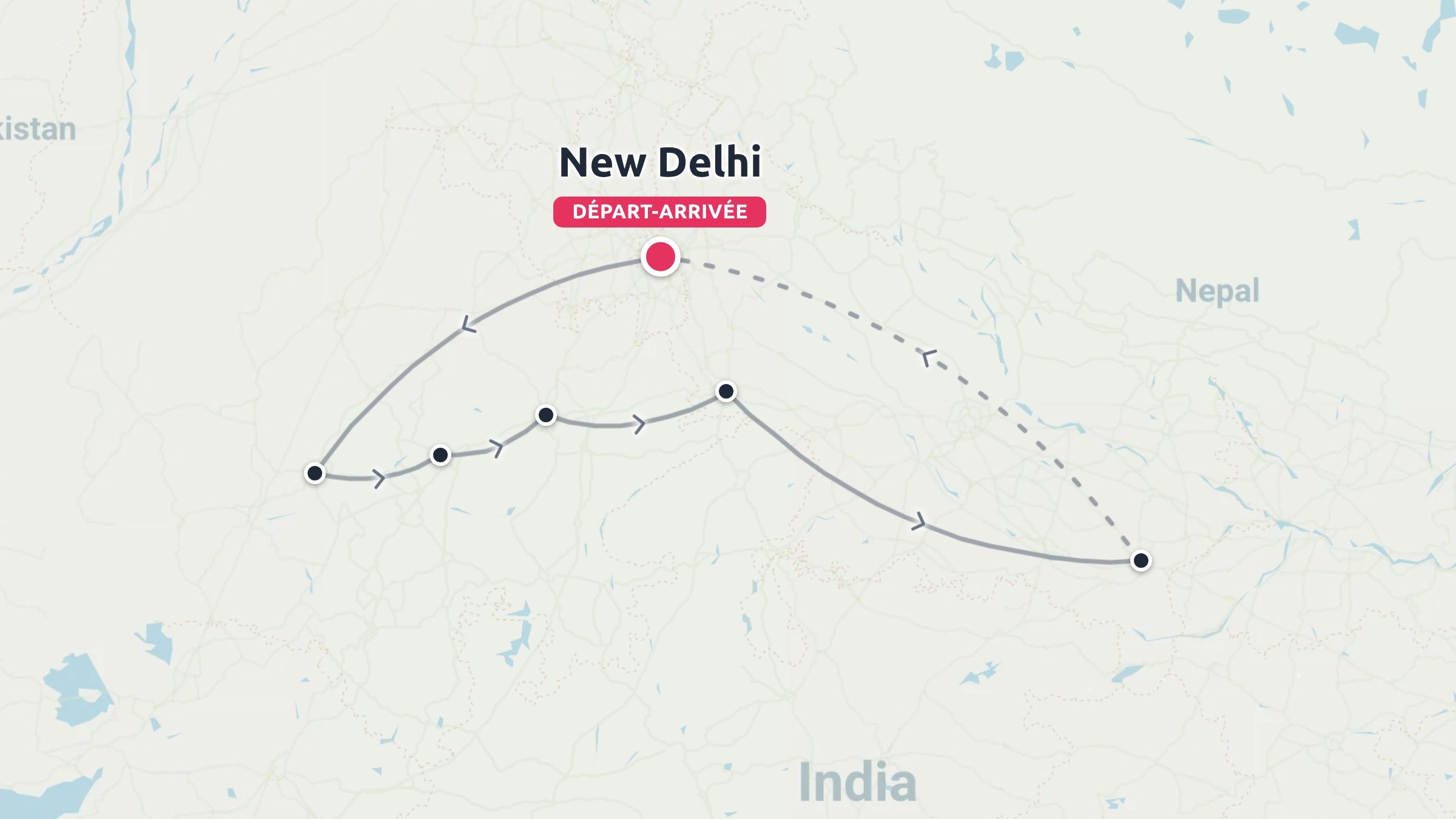 Un itineraire de voyage dans le nord de l'Inde commencant et se terminant a New Delhi avec des arrets marques le long d'une boucle.