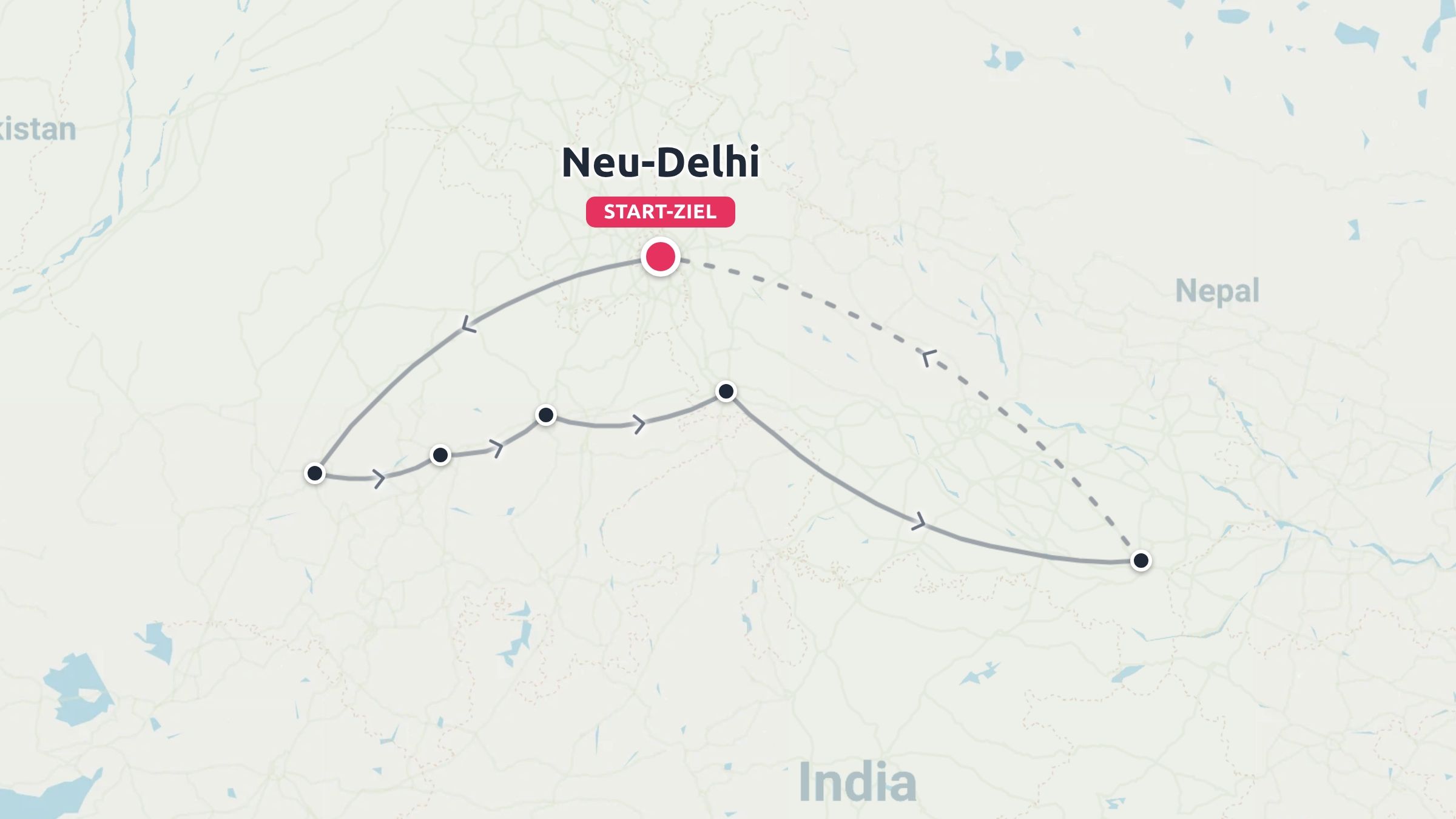 Eine Reiseroute durch Indien mit Start und Ziel in Neu-Delhi und mehreren markierten Zwischenstopps.