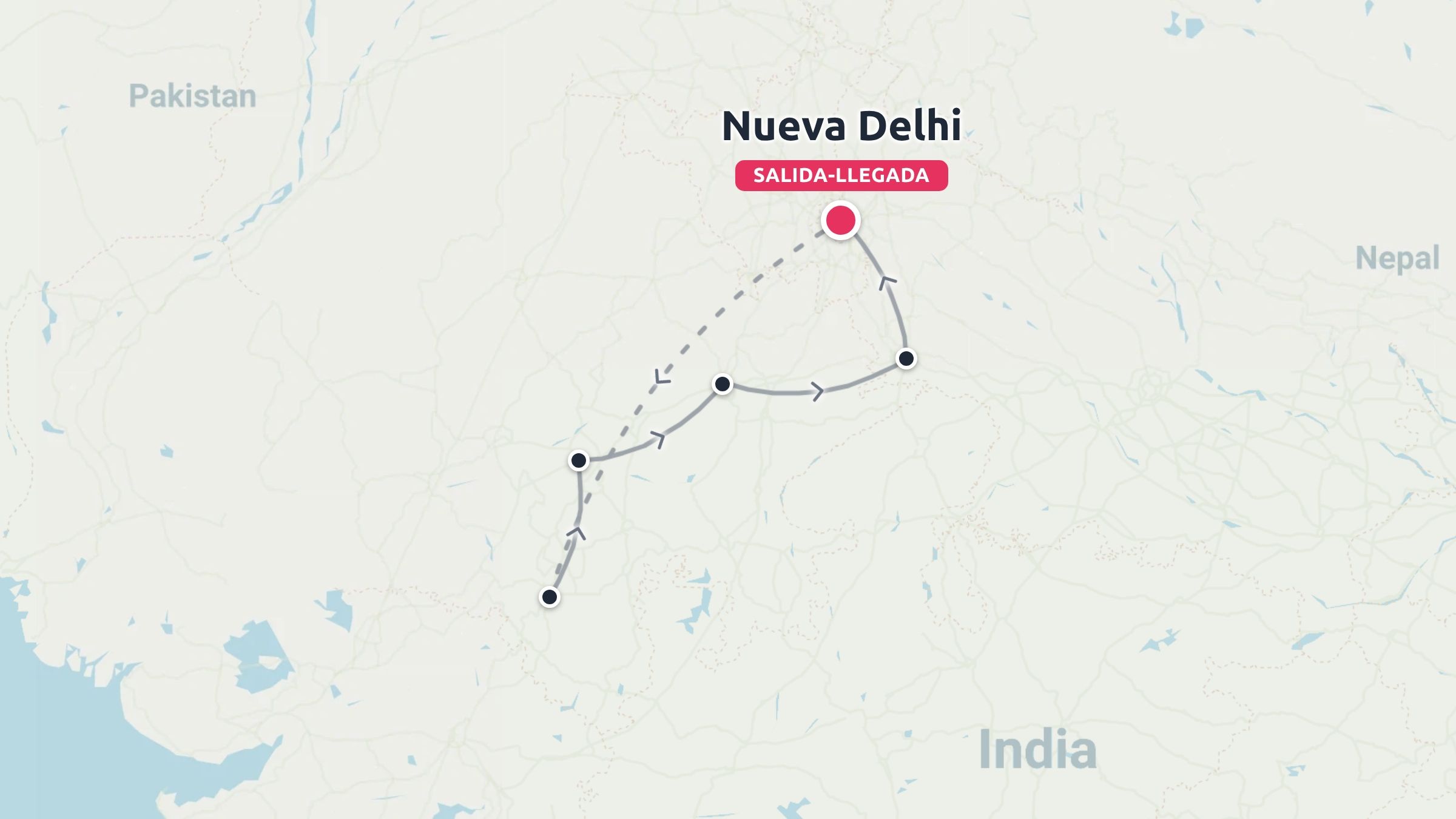 Mapa de itinerario de viaje por la India que muestra una ruta de múltiples paradas que comienza y termina en Nueva Delhi.