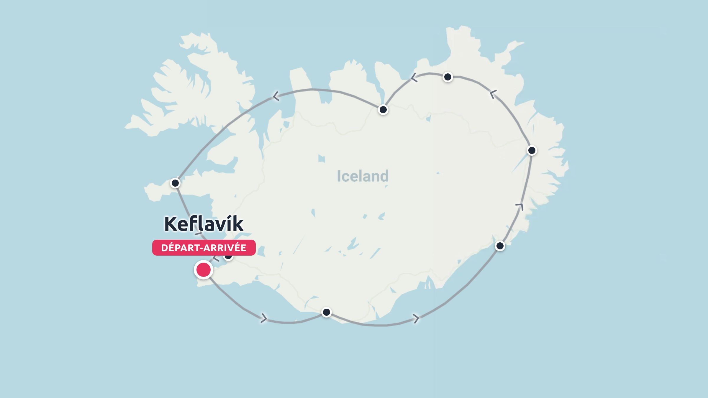 Une carte d'itinéraire de voyage en Islande montrant un itinéraire circulaire commençant et se terminant à Keflavík