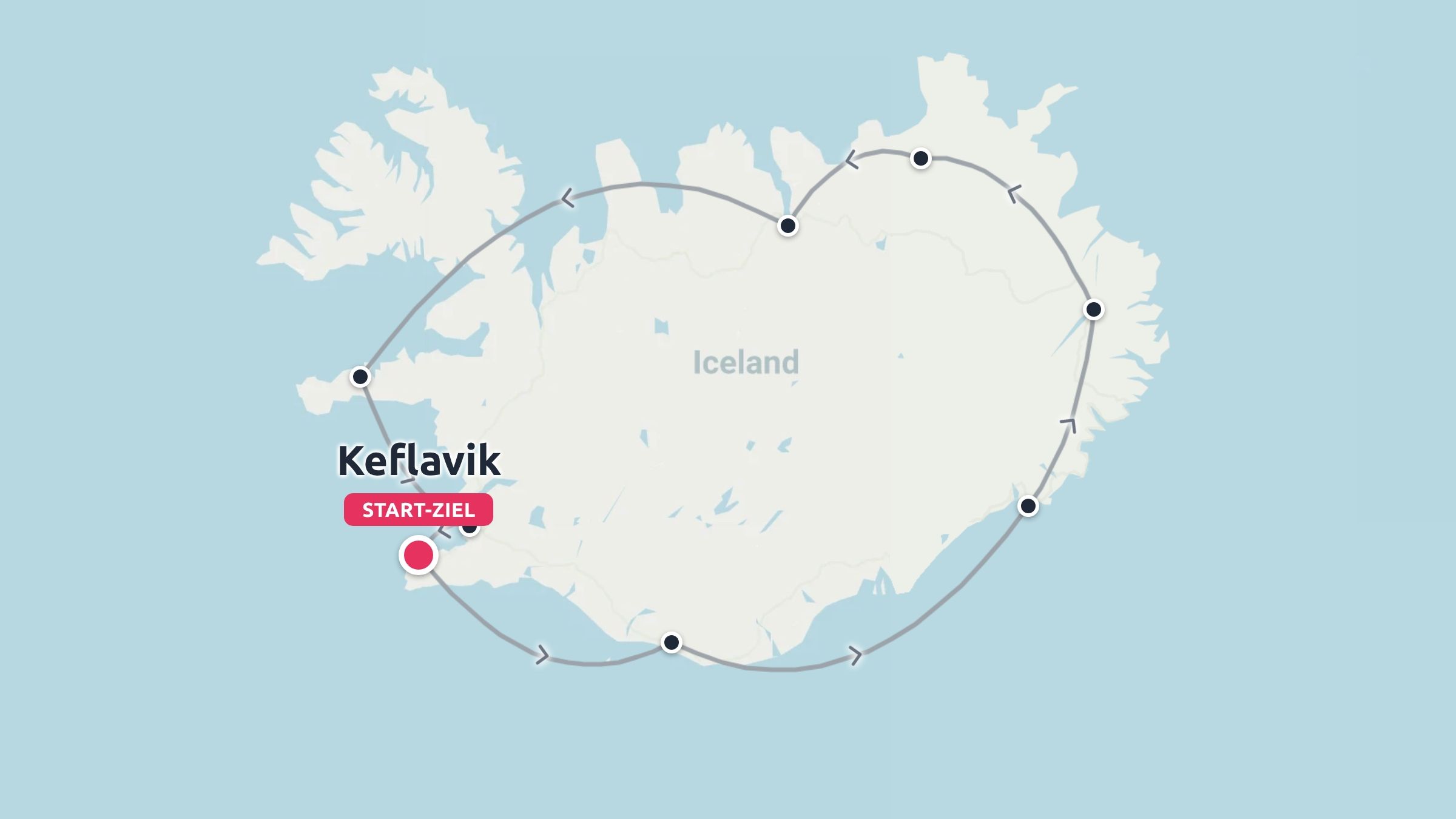 Illustrierte Karte von Island mit einer Ringstraße, die in Keflavík beginnt und endet