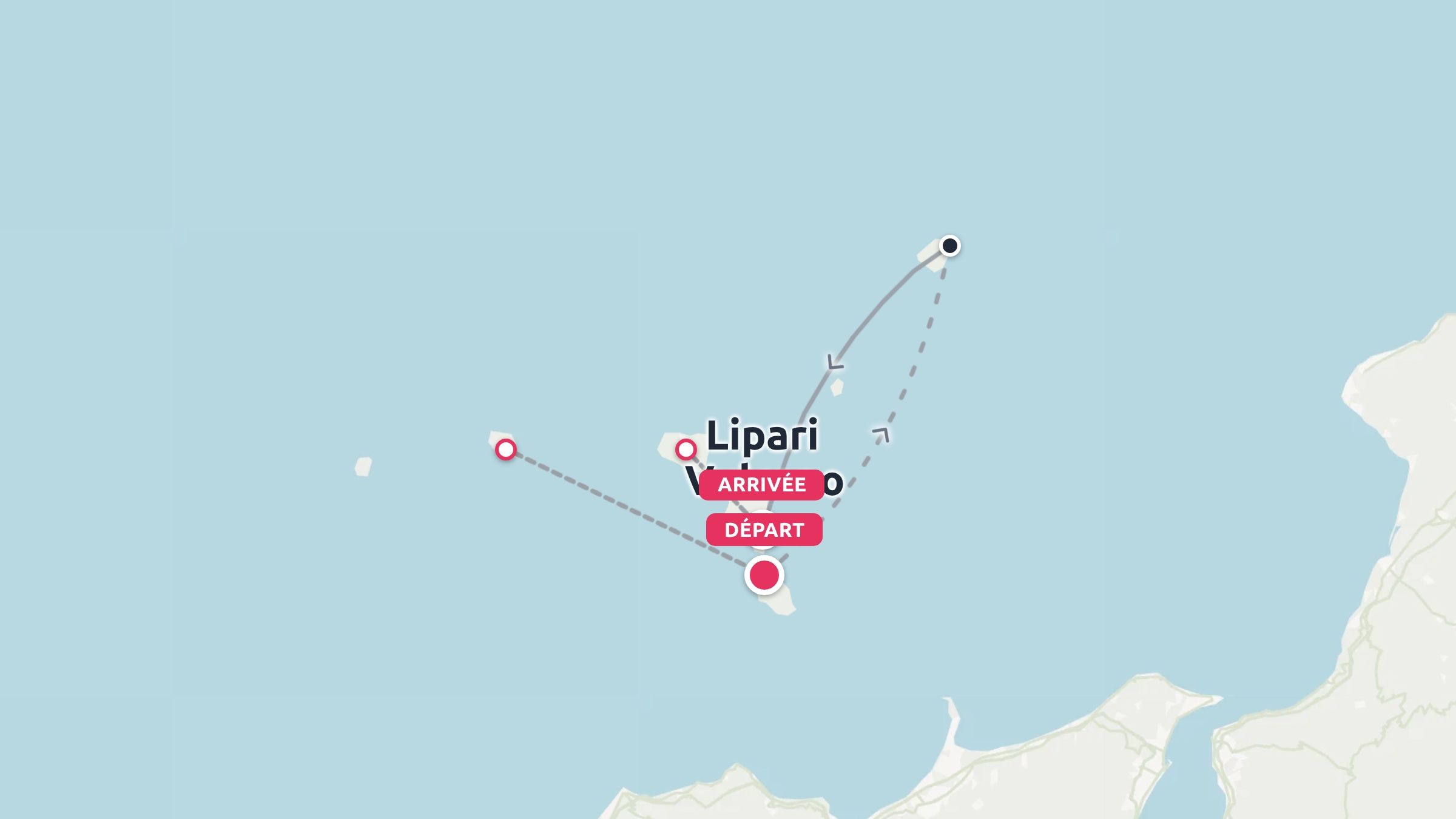 Une carte d'itinéraire de voyage montrant les points de départ et d'arrivée reliant Lipari et les îles environnantes.
