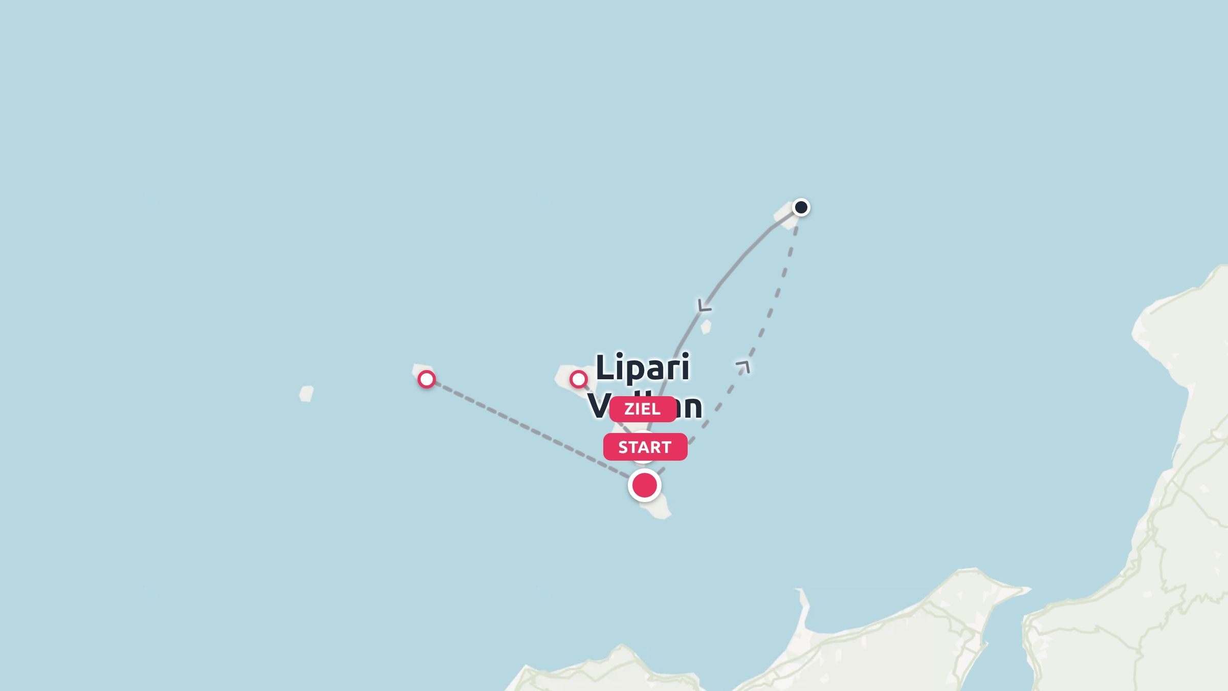 Eine Reiselandkarte mit Wegpunkten und Reiserouten zwischen Lipari und den umliegenden Inseln.