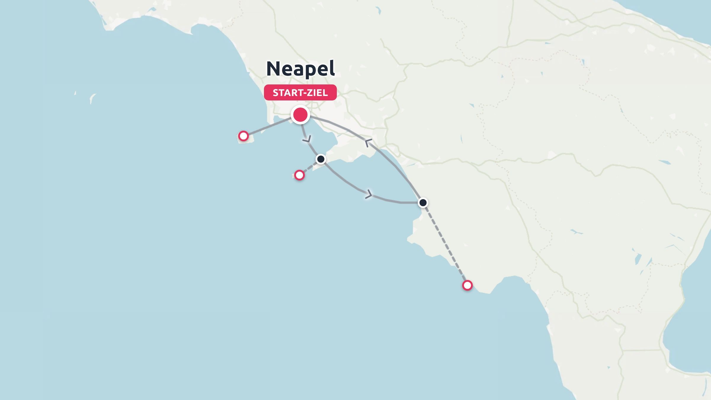 Eine Reiseroute, die in Neapel beginnt und endet und entlang der italienischen Küste und Inseln führt.