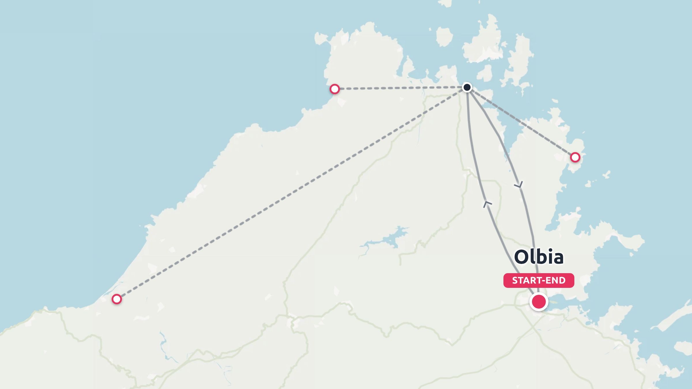 Travel itinerary map of northern Sardinia with routes connecting coastal destinations, starting and ending in Olbia.